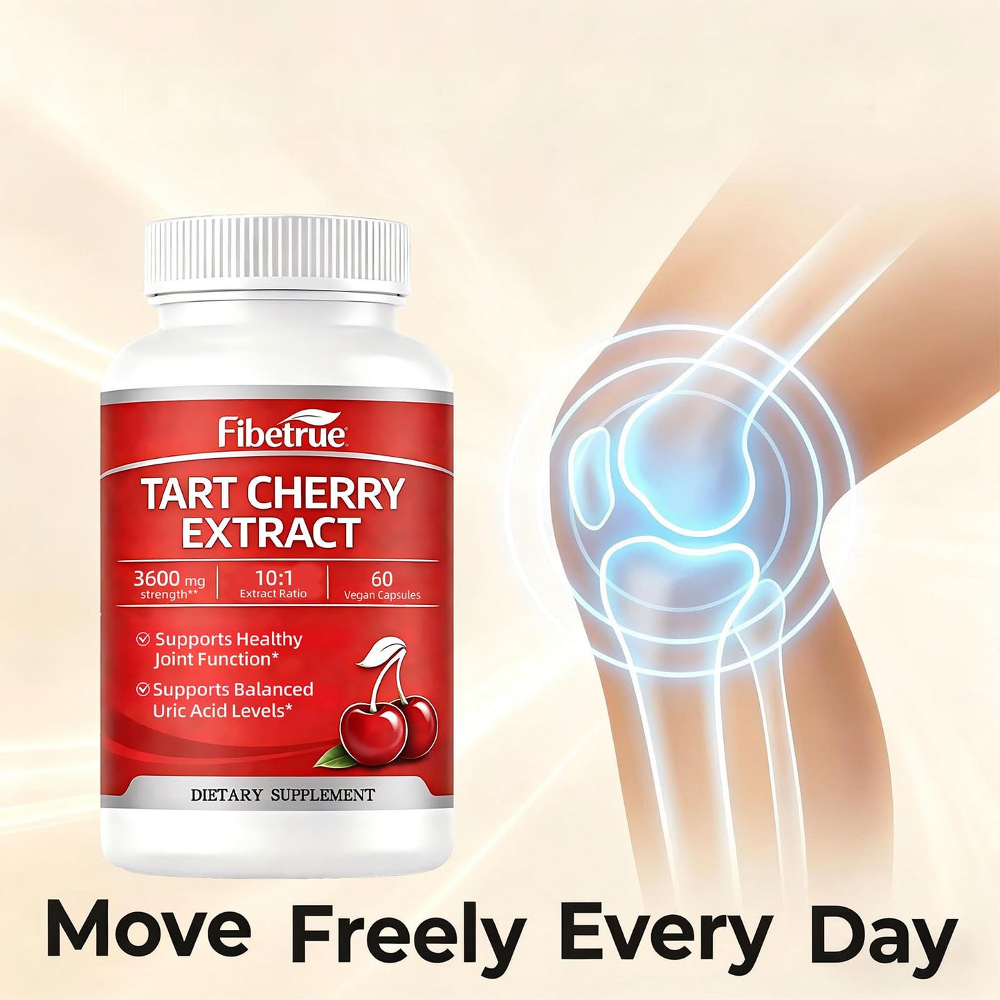 Fibetrue Tart Cherry Extract Capsules 3600mg (10:1) Montmorency Cherry for Joint Comfort & Uric Acid Balance – Antioxidant Support – Vegan, Non-GMO – 60 Capsules