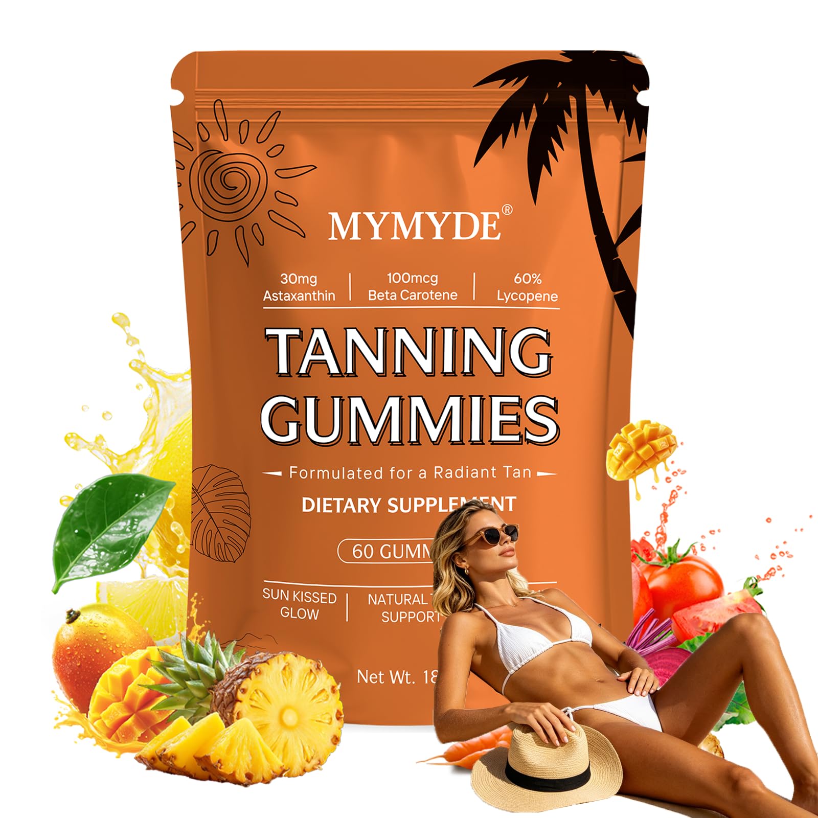 MYMYDE New Skin Natural Tanning Gummies - Vitamin C & E, Astaxanthin & Beta Carotene for Radiant Glow & Hydration, Non-GMO Vegan & Sugar-Free, 60 Count