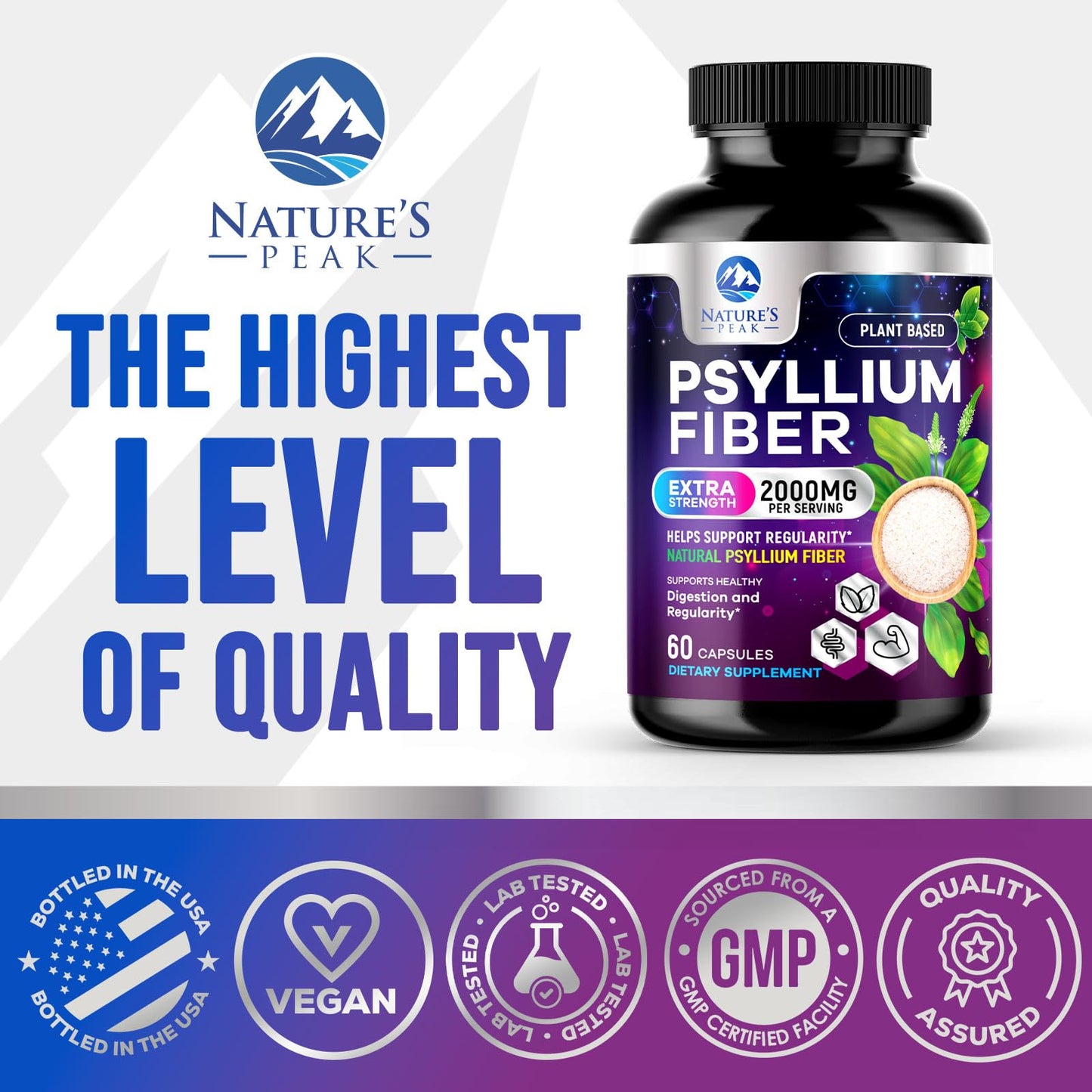 Nature's Peak Psyllium Husk Capsules 2000mg Per Serving, 60 Capsules
