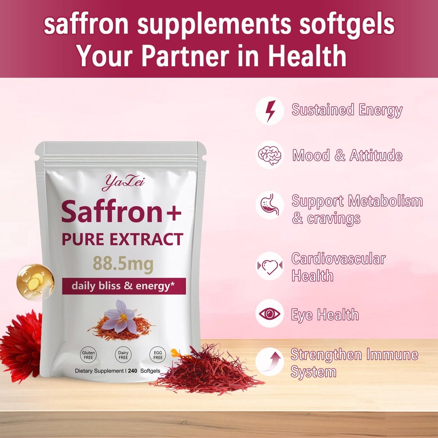Yalei Saffron Extract Supplements 88.5mg Softgel 240 Softgels