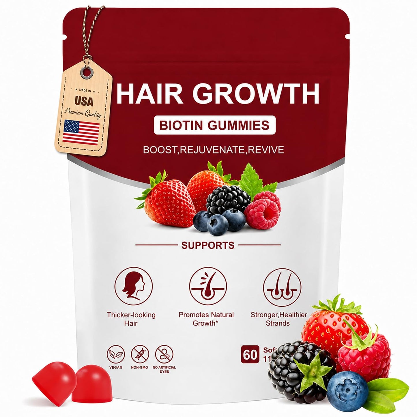 Norce Sactor Lumin Hair Gummies with Biotin & Collagen, Mixed Berry Flavor, Supports Healthy Hair Growth & Strength, Skin & Nails, Vegan & Non-GMO, 60 Gummies