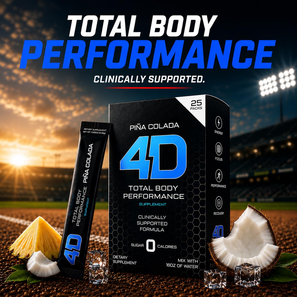 4D Clean Energy Pina Colada Powder Packets, 25 Count