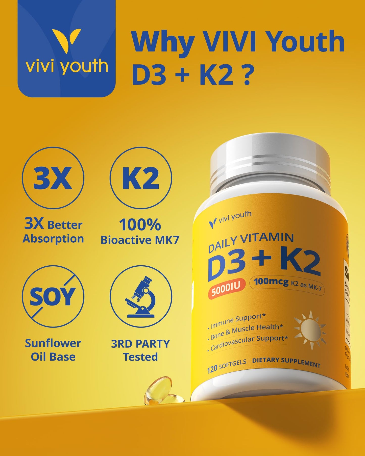 VIVI Youth Vitamin D3 K2 Supplement 5000 IU & MK-7 100mcg with Sunflower Seed Oil Softgels 120 Count