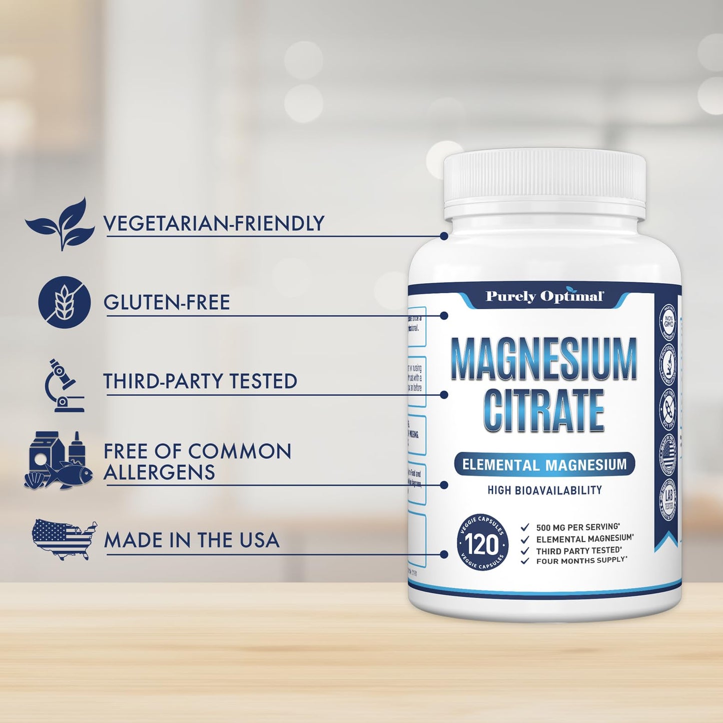 Purely Optimal Magnesium Citrate 500mg Capsules, 120 Count