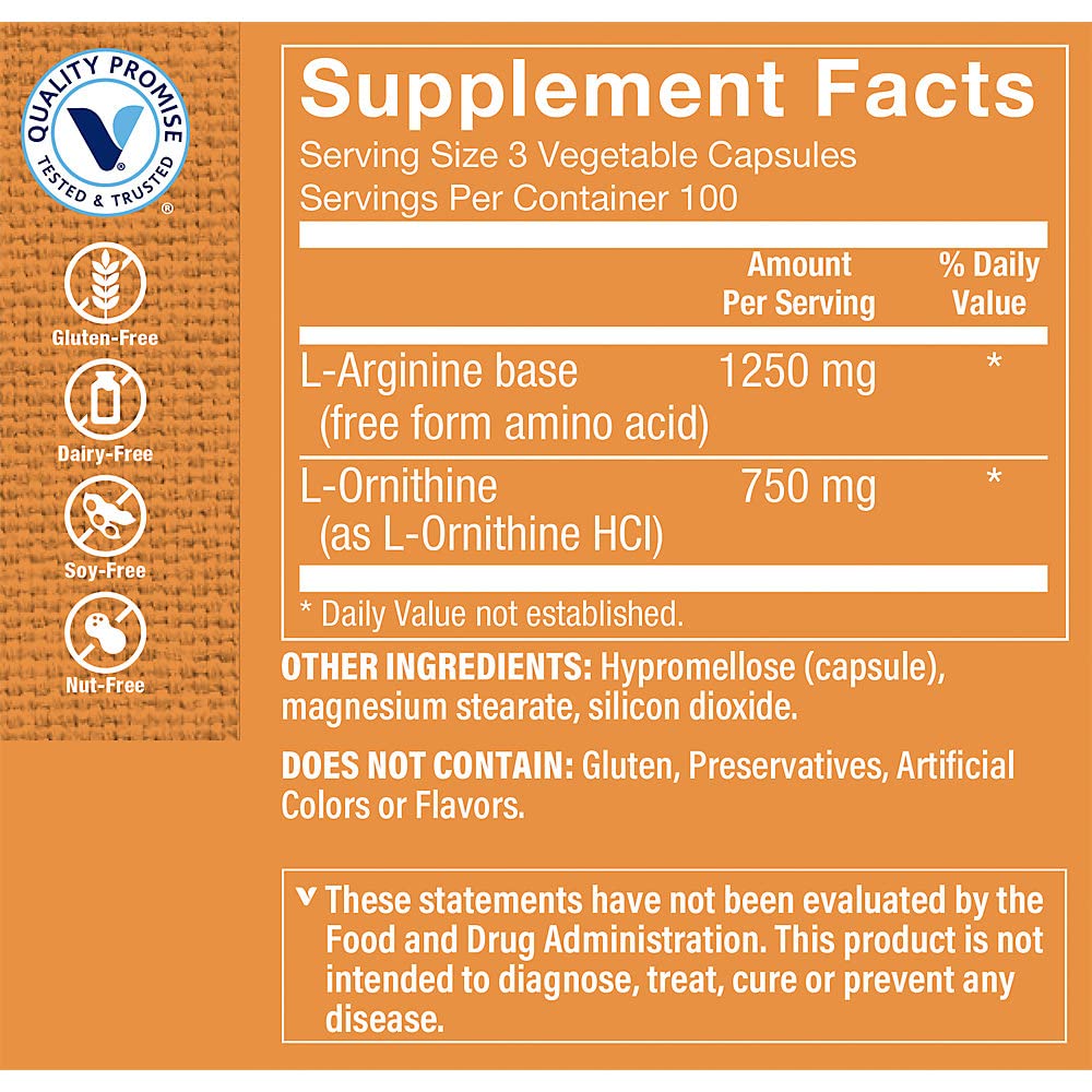 The Vitamin Shoppe L-Arginine & Ornithine Nitric Oxide Booster 2000 mg Vegetarian Capsules, 300 Count