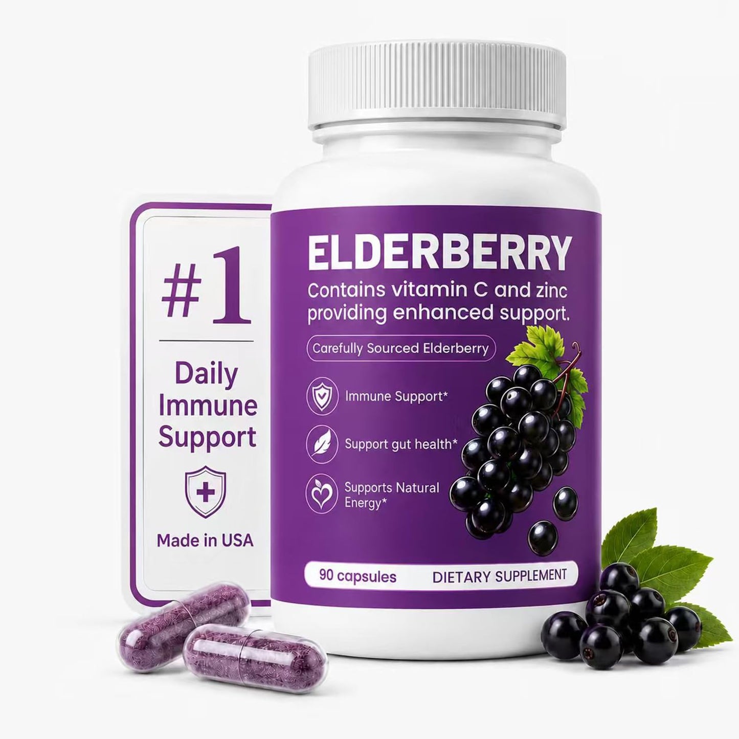 QLONU Elvera Elderberry Gut Support with 1200mg Elderberry Extract, Vitamin C and Zinc Capsules, 90 Count