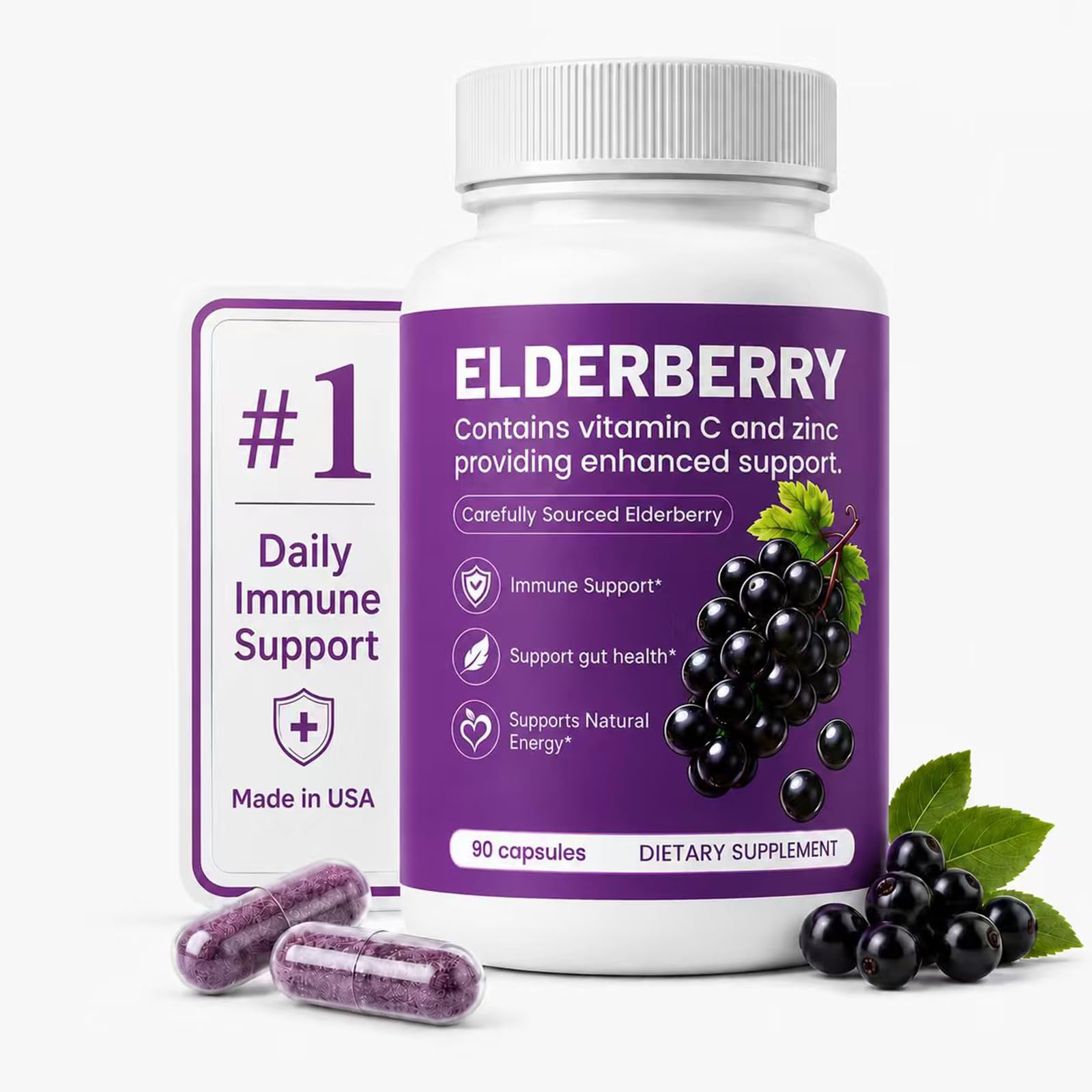 QLONU Elvera Elderberry Gut Support with 1200mg Elderberry Extract, Vitamin C and Zinc Capsules, 90 Count