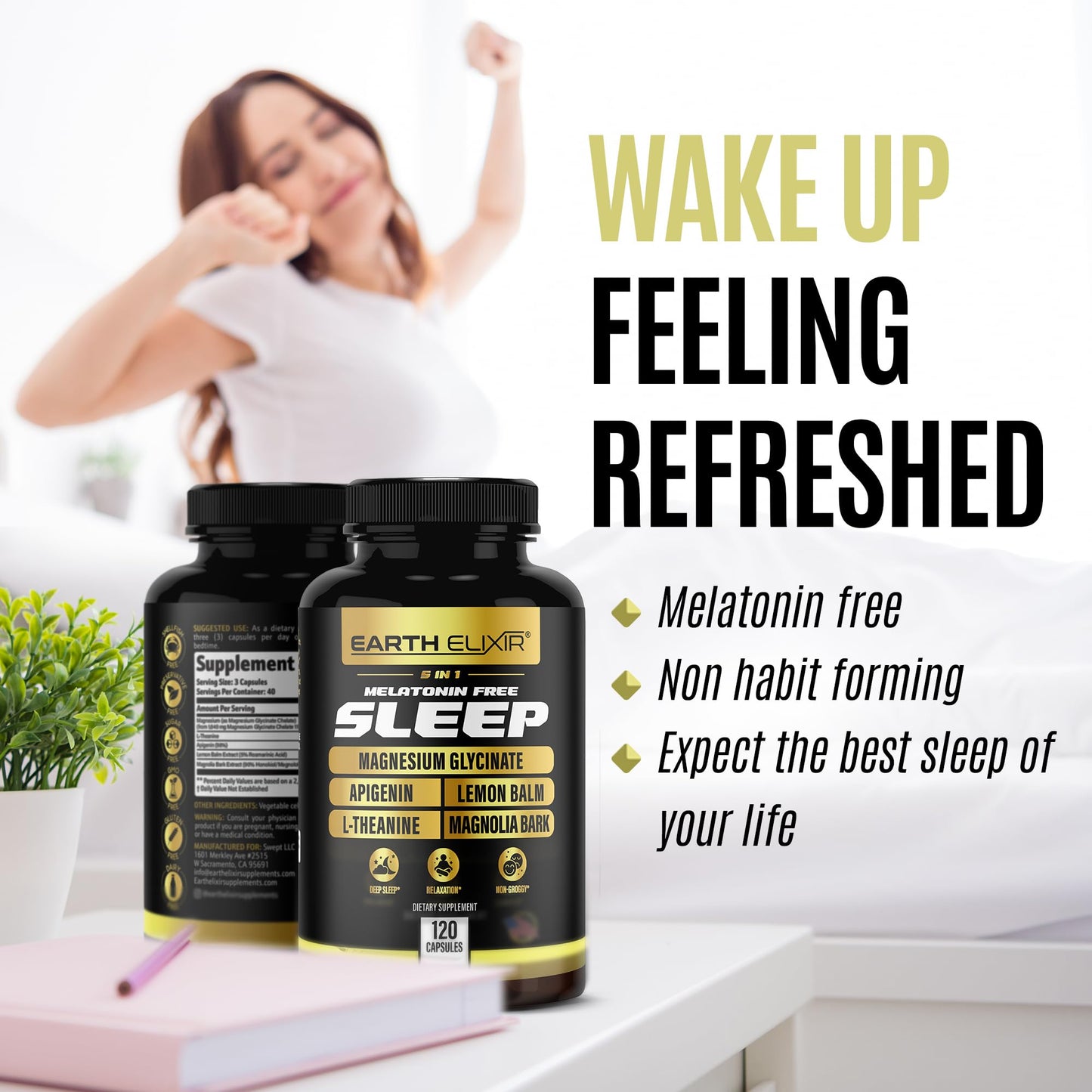 Earth Elixir 5-in-1 Melatonin Free Sleep Aid – Magnesium Glycinate, Apigenin for Sleep, L-Theanine, Lemon Balm, Magnolia Bark Extract Capsules, 120 Count