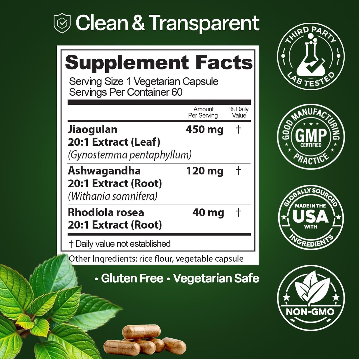Natures Elements Jiaogulan Supplement with Ashwagandha & Rhodiola Capsules, 60 Count