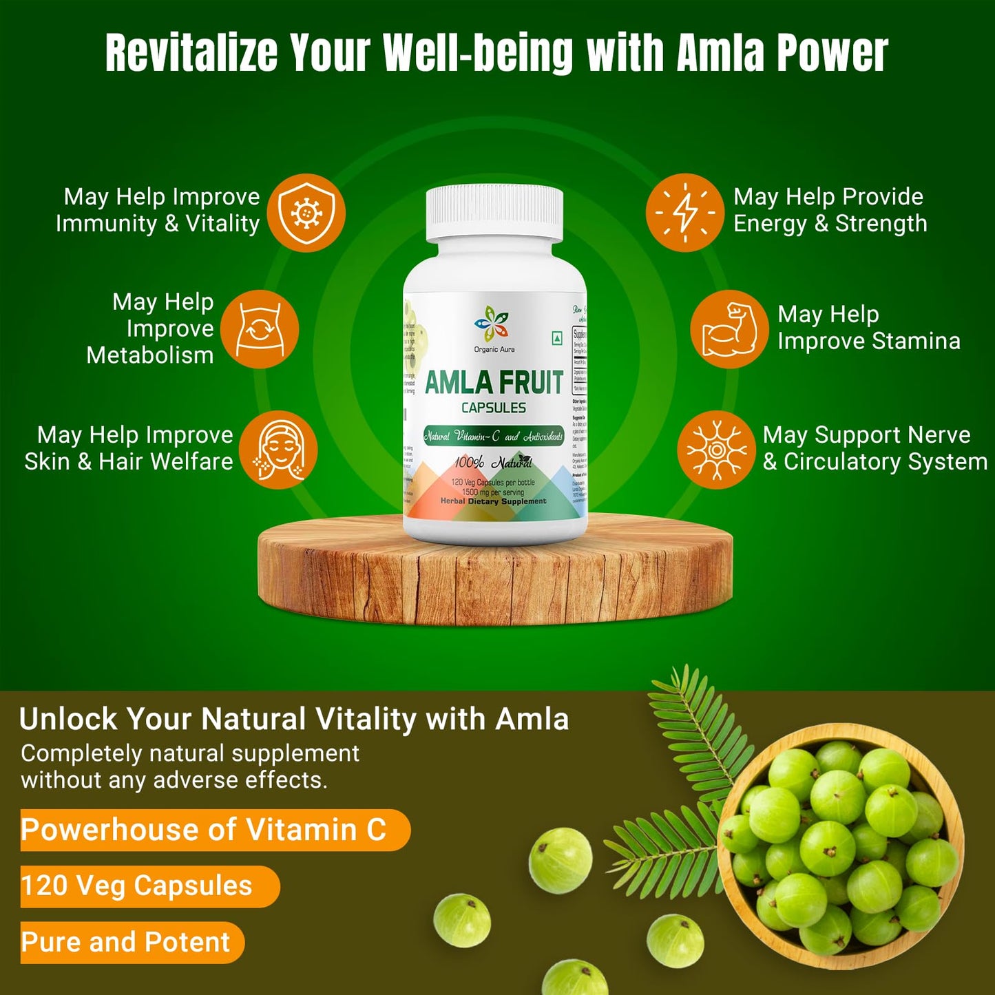 Organic Aura International Amla 1500mg Capsule, 120 Count
