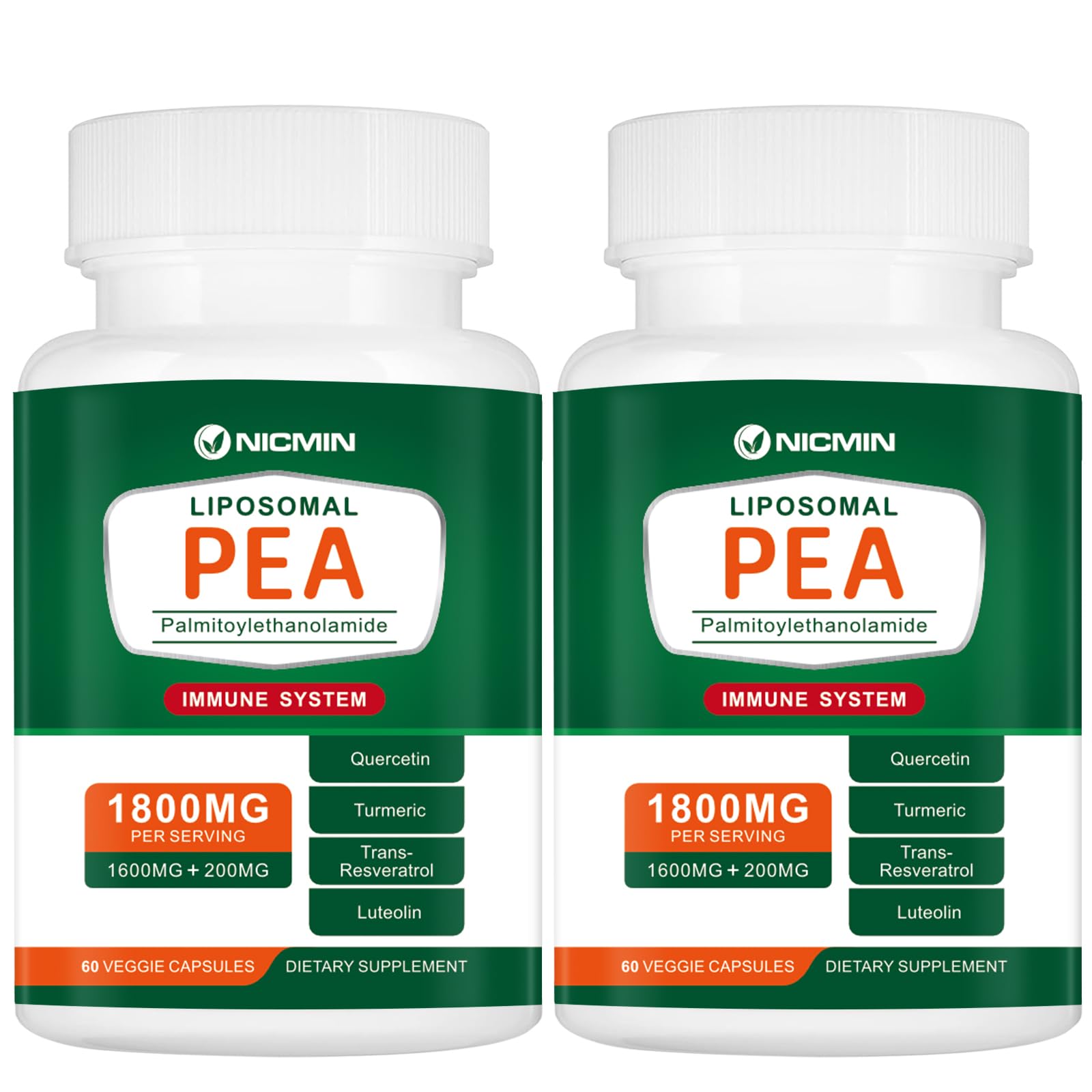 NICMIN 1600mg Palmitoylethanolamide 99% with Luteolin & Quercetin Pea Supplement, 120 Capsules