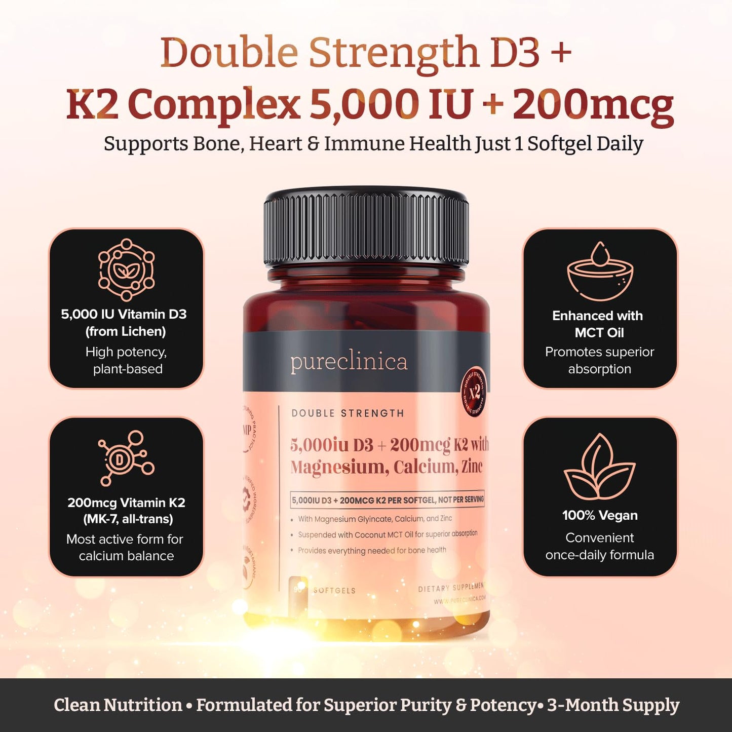 pureclinica Double Strength D3 + K2 Complex Vegan Softgels 540