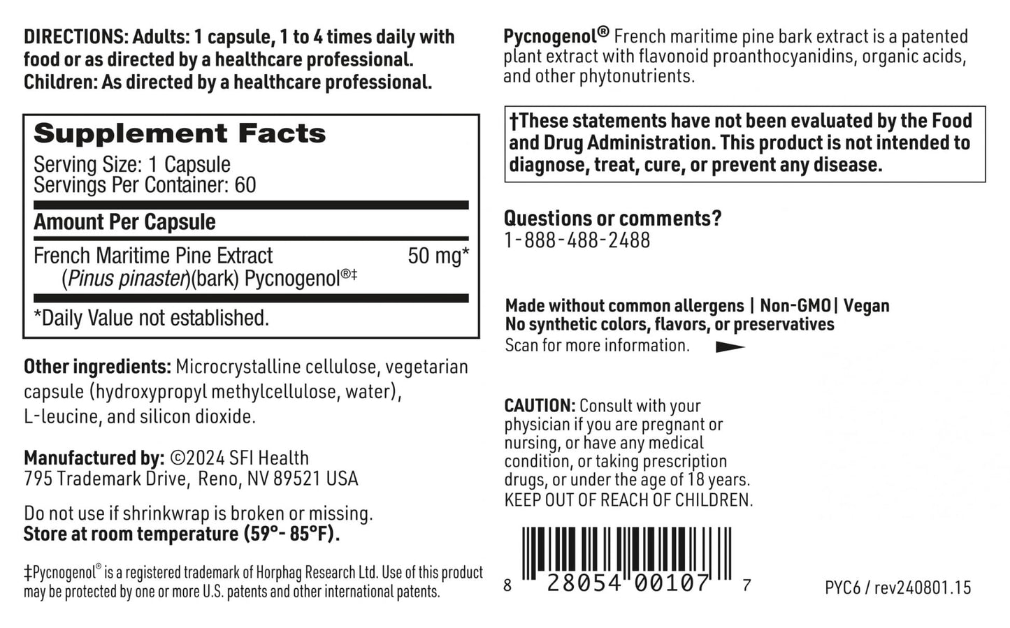 SFI Health Pycnogenol 50 mg Pine Bark Extract Capsules, 60 Count