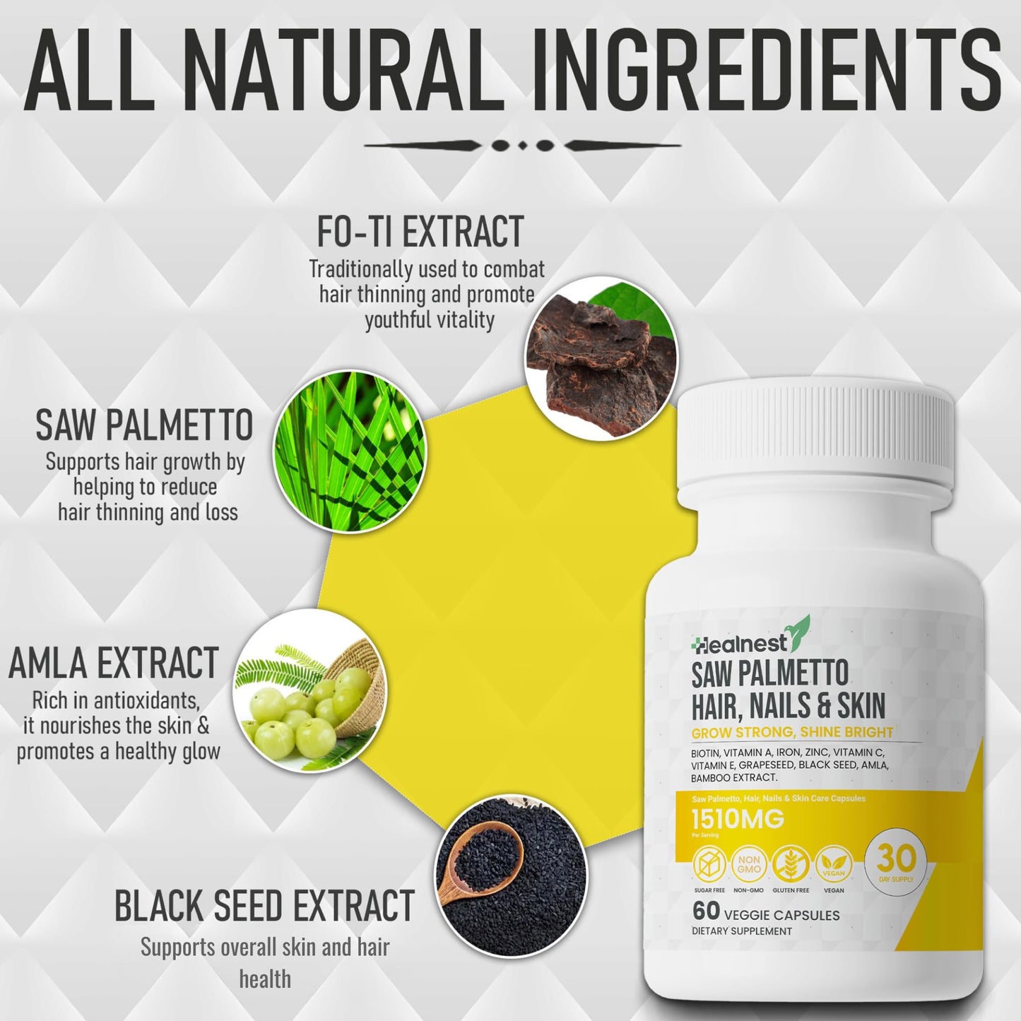 HEALNEST Hair, Nails & Skin Care Supplement with Saw Palmetto, Biotin, Amla 60 Capsules