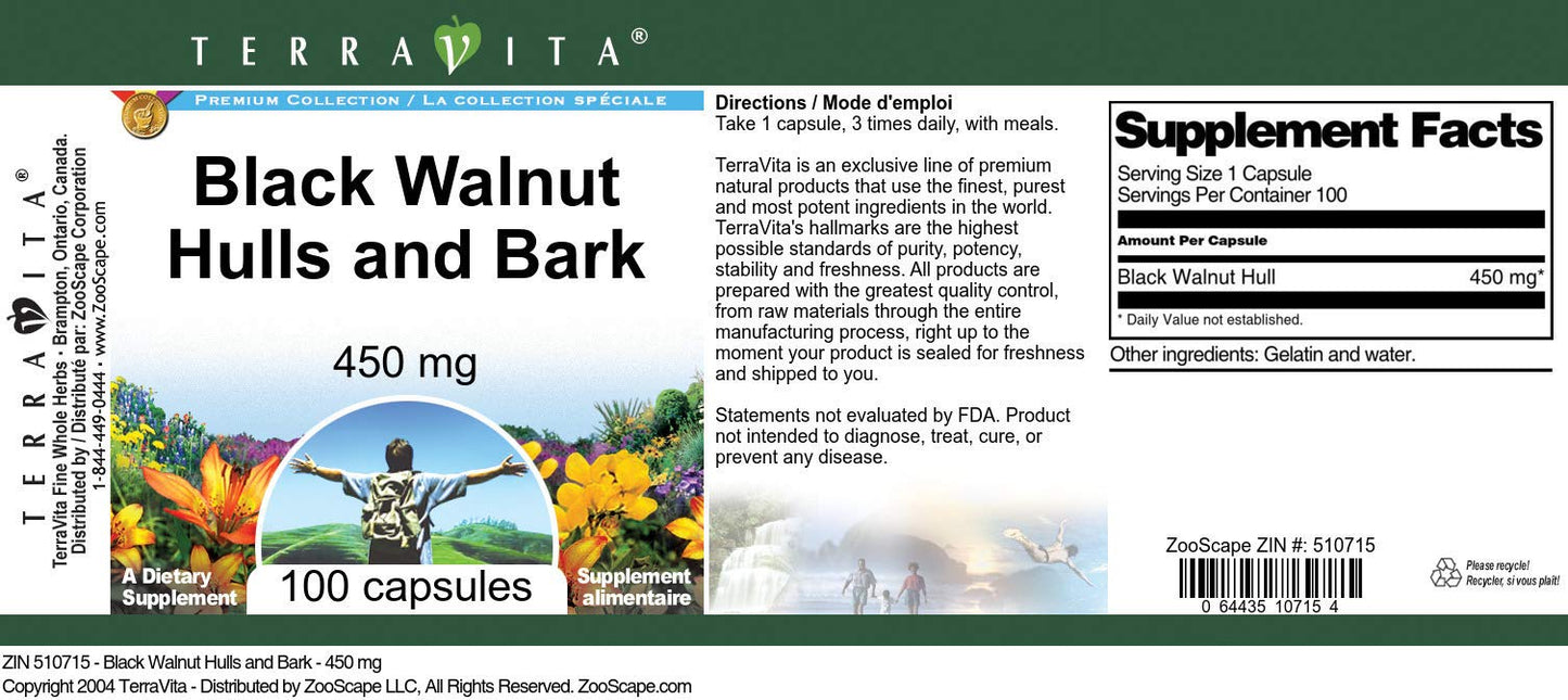 Terravita Black Walnut Hulls and Bark - 450 mg Capsules, 100 Count