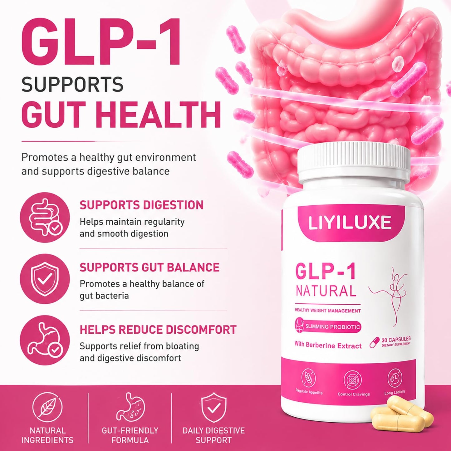 LIYILUXE GLP-1 Natural Probiotics Supplement with Akkermansia & Berberine HCI, Metabolism, Appetite and Energy Support Capsule 1 Count