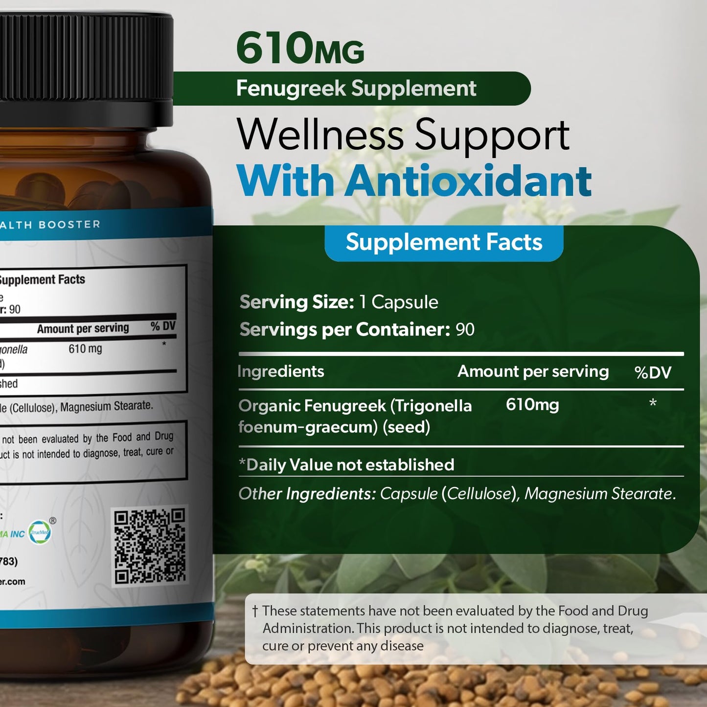 TRUEMED Organic Fenugreek 610 mg Vegetable Capsules, 90 Count