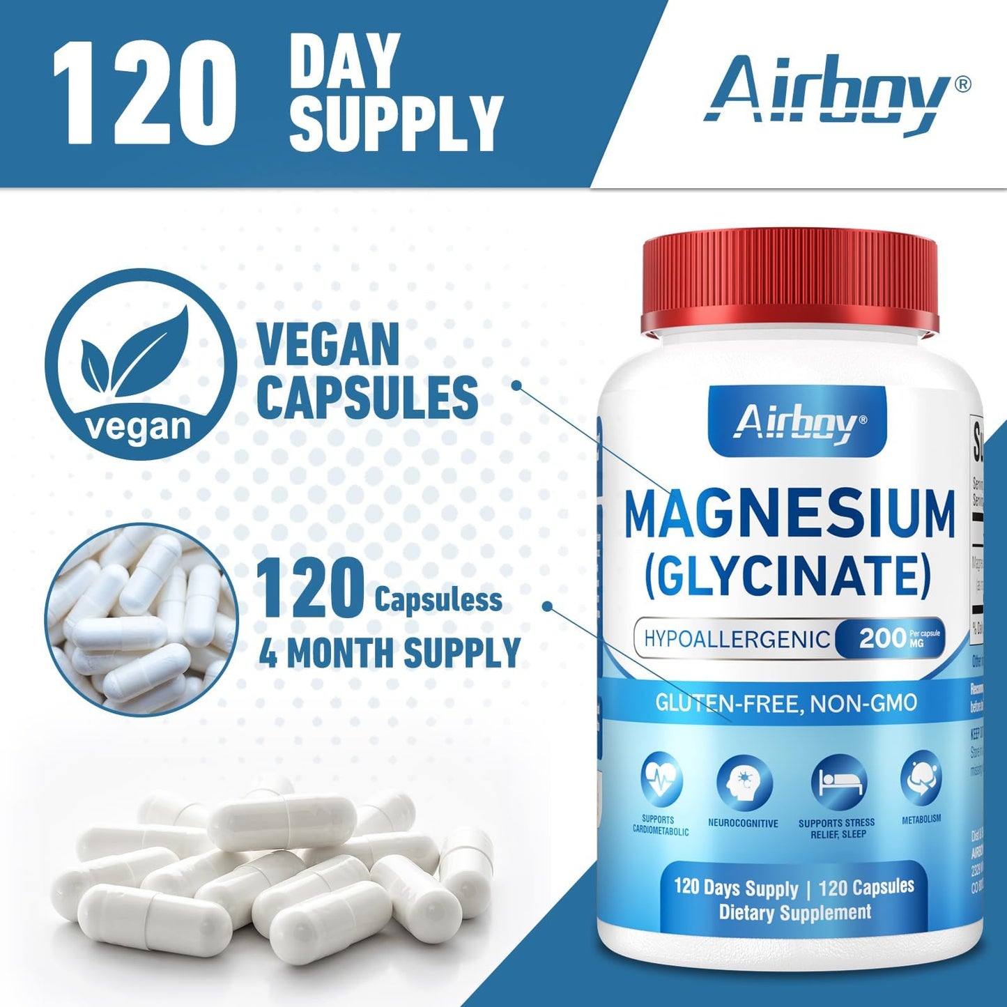 Airboy Magnesium Glycinate 200 mg Capsules, 120 Count