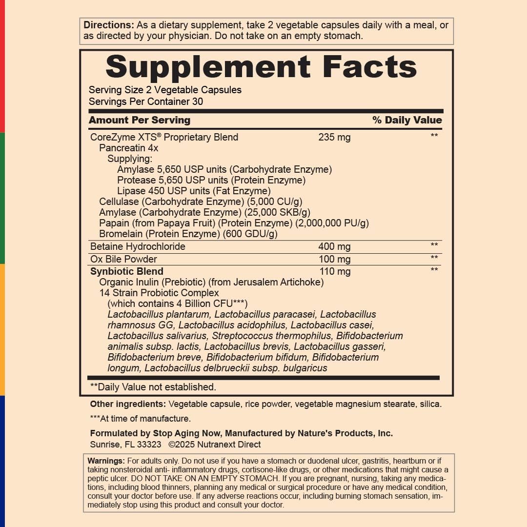 Stop Aging Now Digestive Enzymes Plus Probiotics Supplement CoreZyme Capsules 60 Count