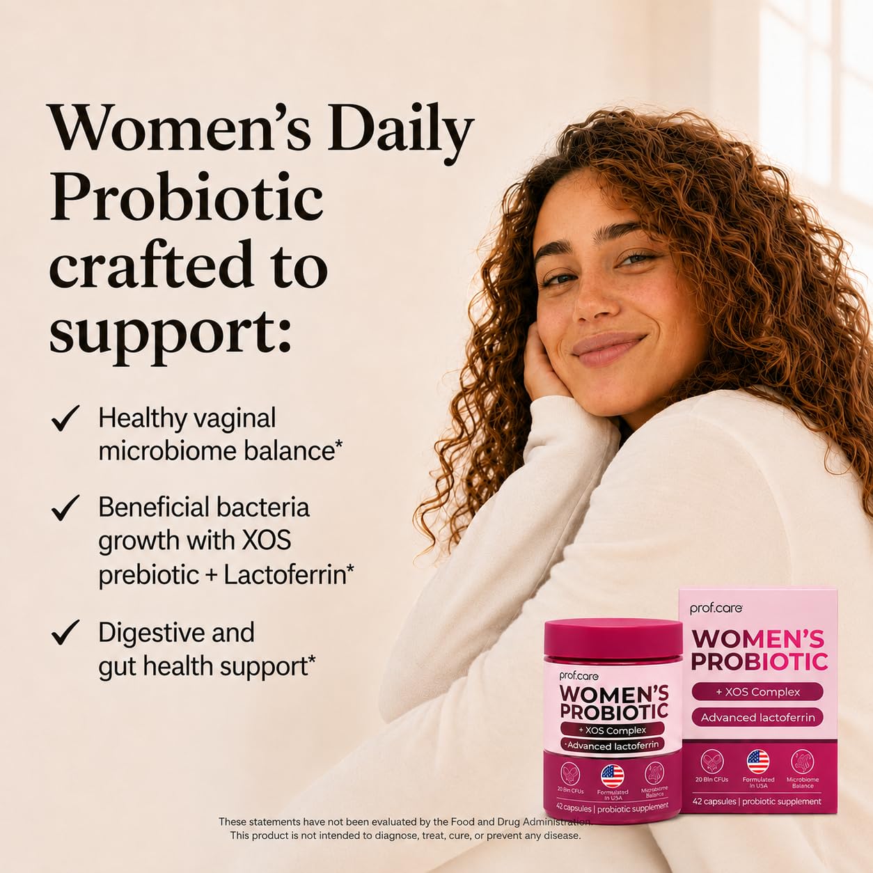 prof.care Women’s Probiotic for Vaginal Microbiome Support with Lactobacillus Blend, Lactoferrin + XOS Prebiotic, Capsules, 42 Count