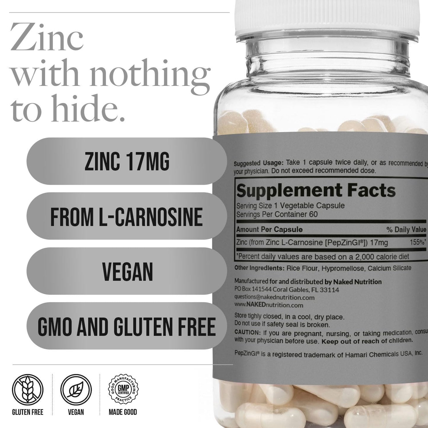 NAKED Zinc Carnosine 17mg & Vitamin C 500mg Capsules – 150 Capsules, Vegan, Non-GMO, Gluten Free, Daily Immune & Stomach Support
