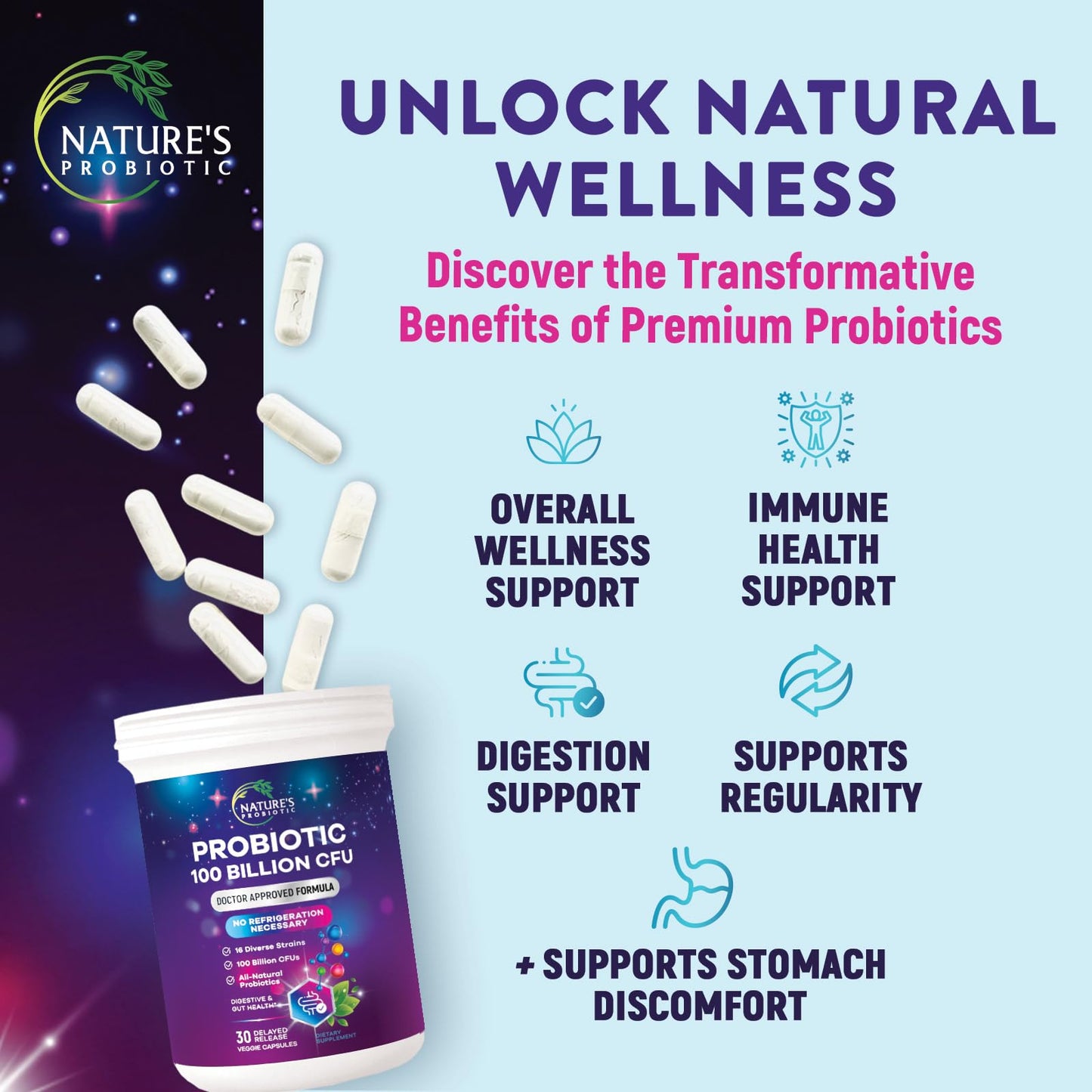 Nature's Probiotic Probiotics for Digestive Health - Probiotic Blend 100 Billion CFU Per Capsule, 16 Premium Strains & Prebiotics, 30 Capsules