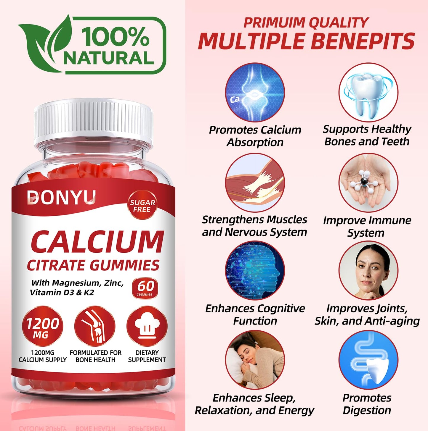 DONYU Calcium Citrate 1200mg Gummies with Vitamin D3, 60 Count