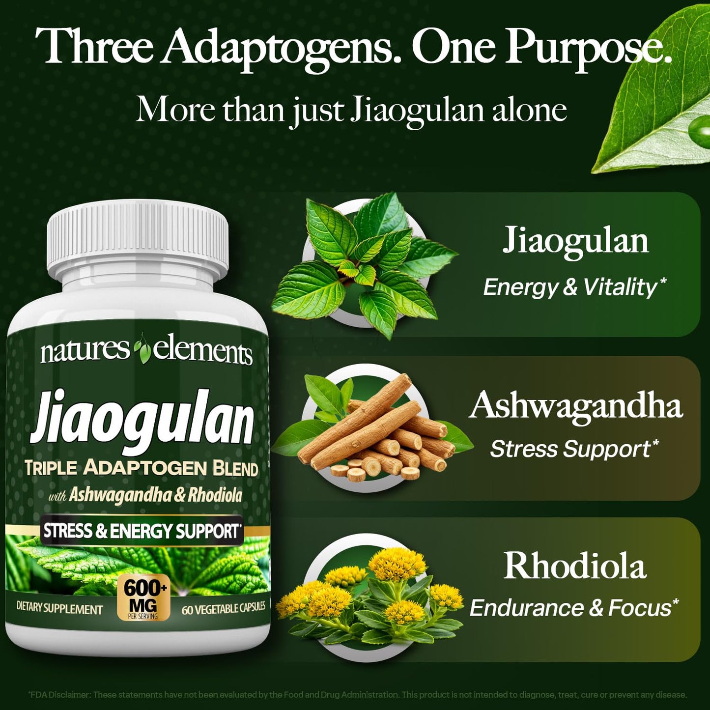 Natures Elements Jiaogulan Supplement with Ashwagandha & Rhodiola Capsules, 60 Count