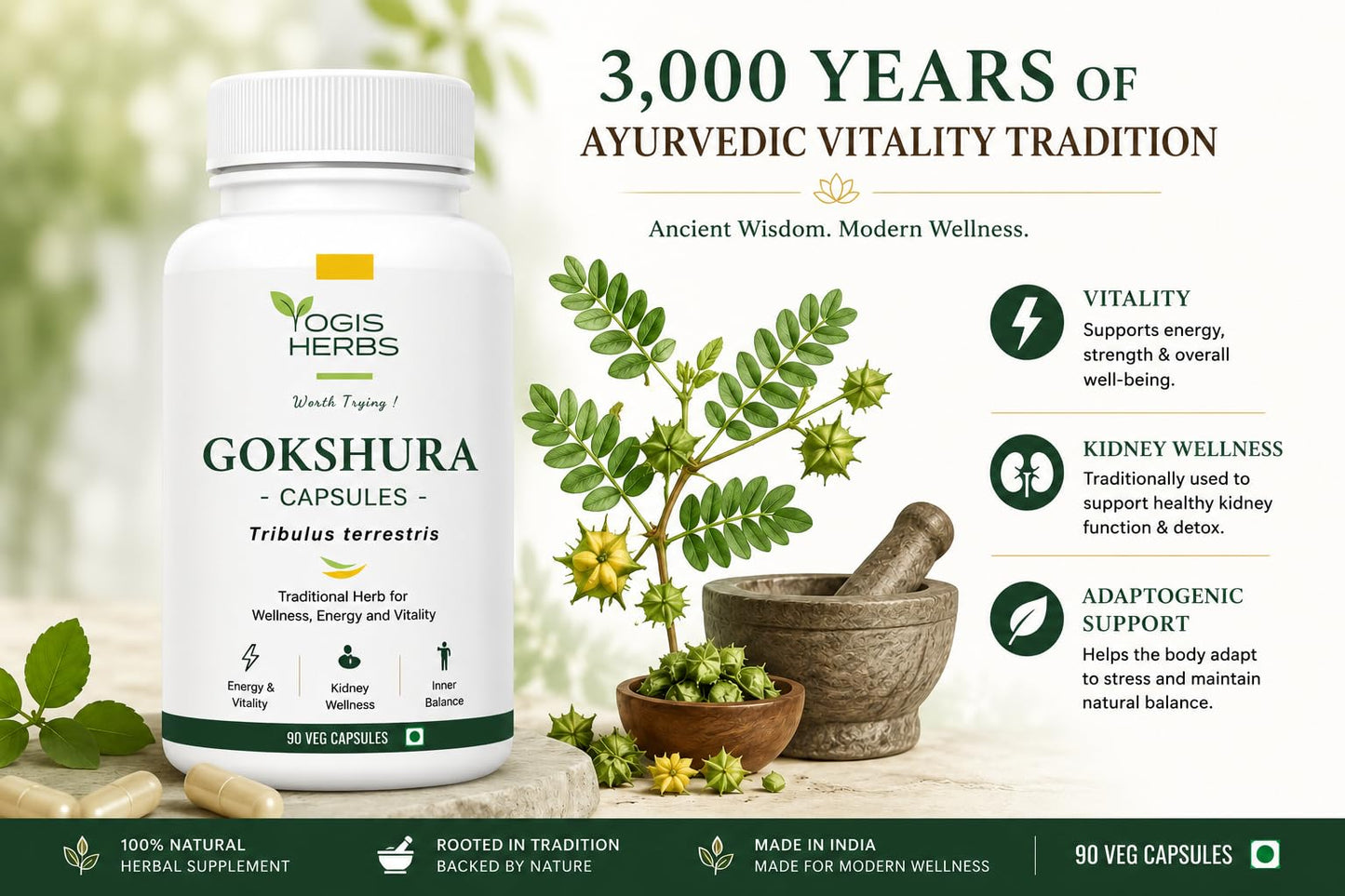 YOGIS HERBS Gokshura Capsules – Tribulus Terrestris (Nerunji/Gokhru/Puncture Vine) – Whole Fruit Powder, 90 Veg Capsules