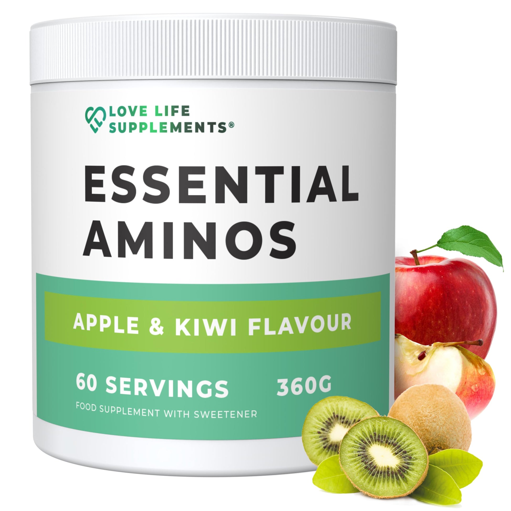 Love Life Supplements Essential Amino Acids Powder, Full Spectrum EAA & BCAA Drink for Muscle Recovery, Apple & Kiwi Flavour, UK Made, 12.28 Ounce