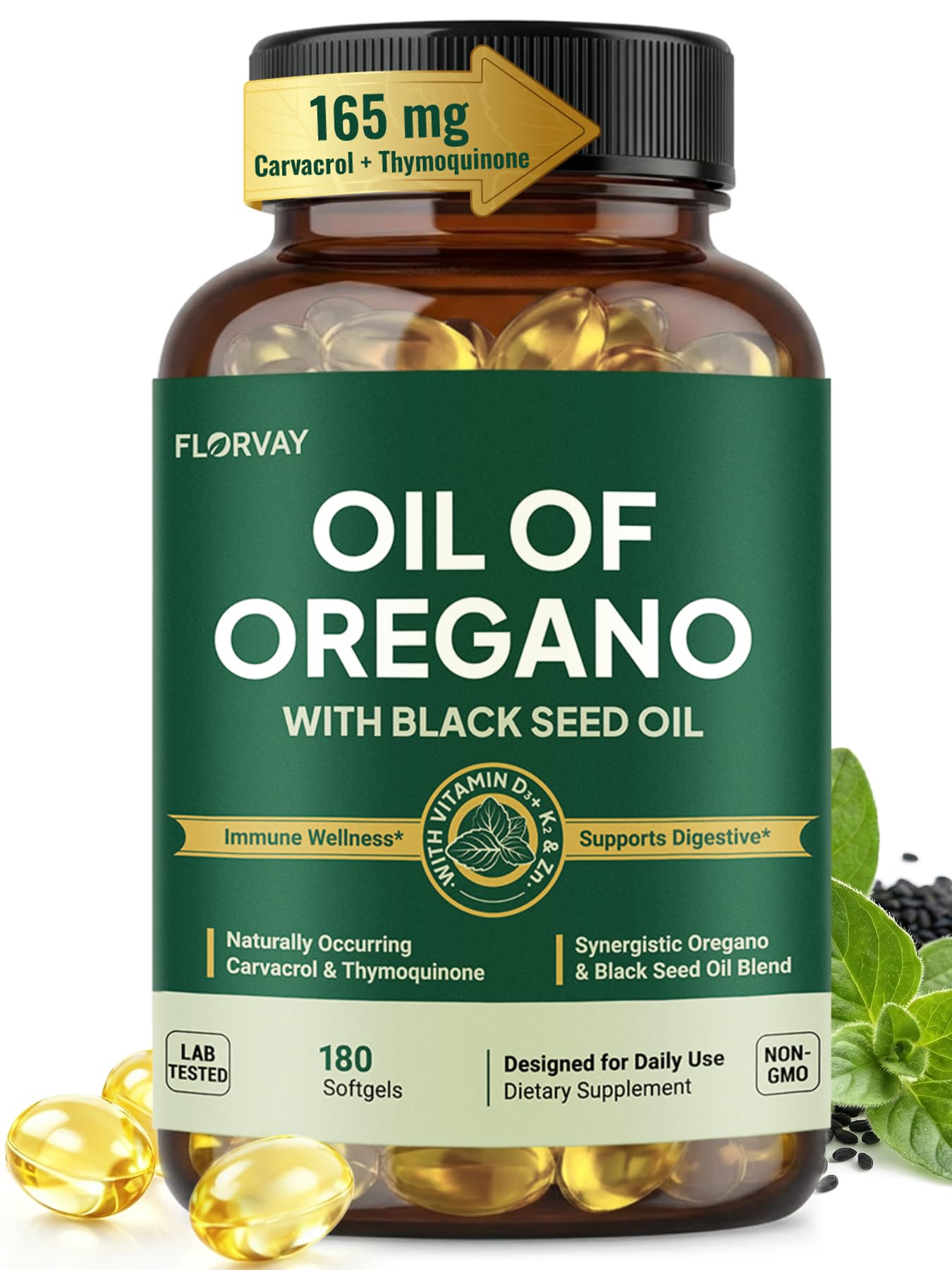 Florvay Oil of Oregano with Black Seed Oil Softgels, 180 Count