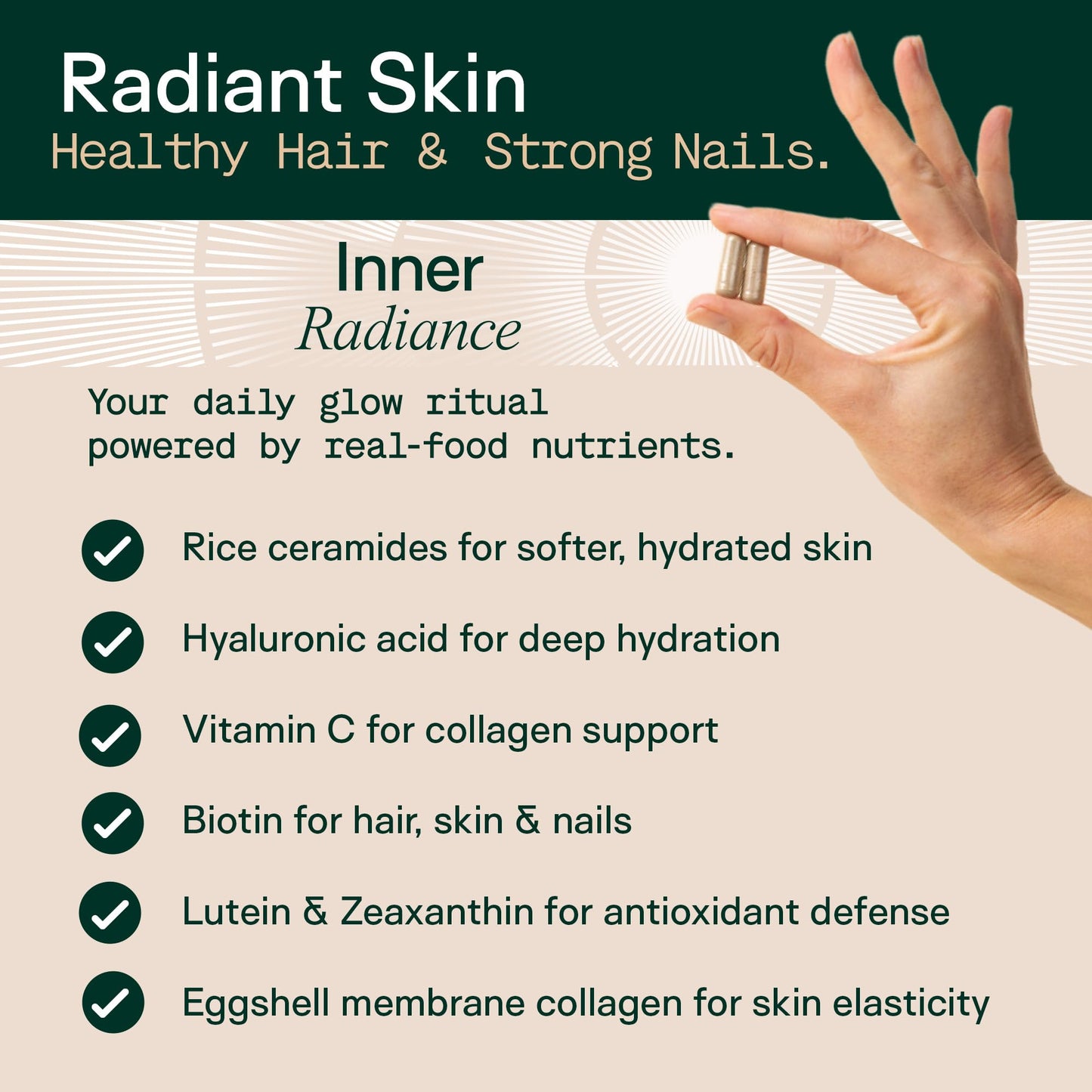 Adapt Naturals by Chris Kresser Inner Radiance Hair Skin and Nails Vitamins with Biotin, Collagen, Hyaluronic Acid, Vitamin C & Ceramides Capsules 60 Count