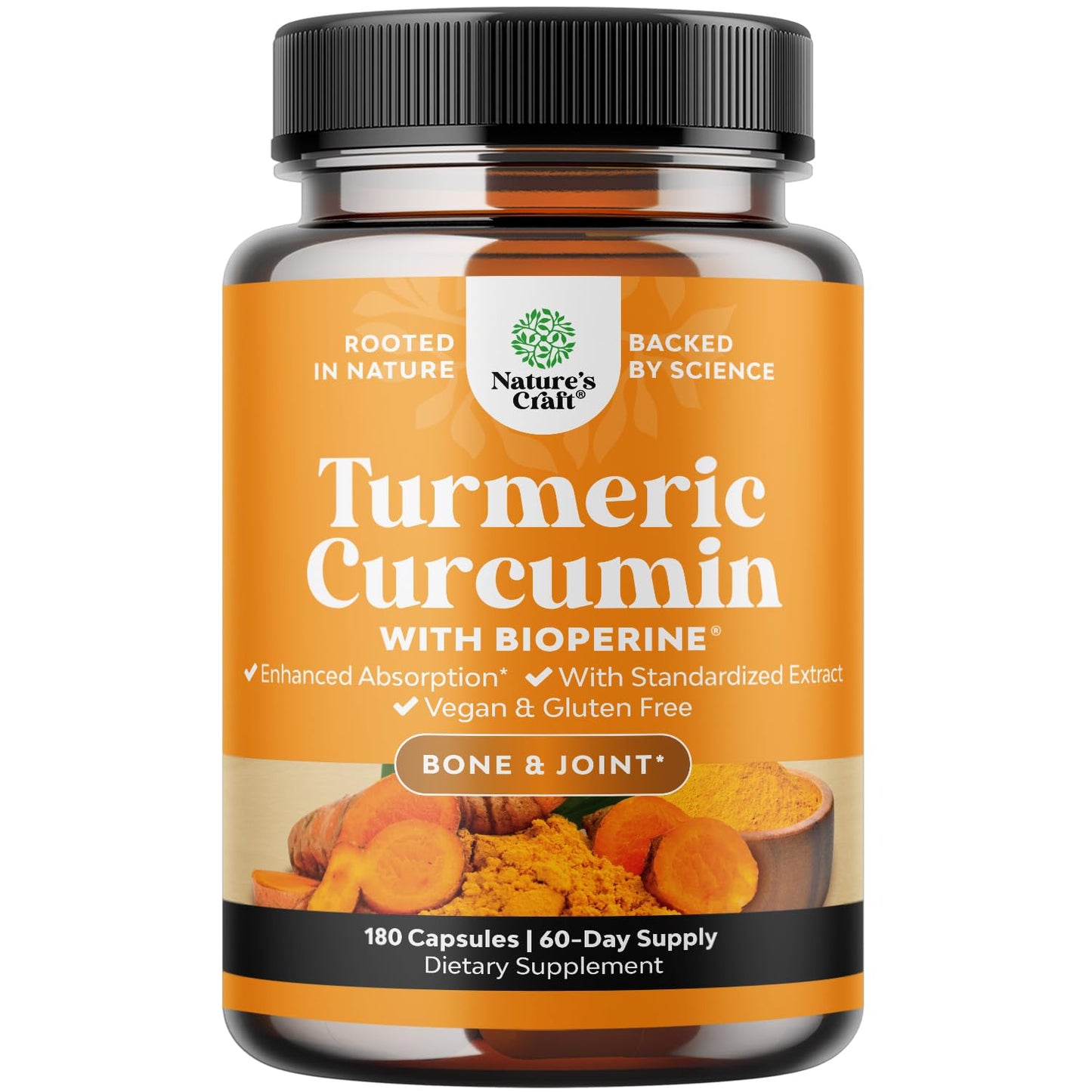 Natures Craft Turmeric Curcumin with Black Pepper Extract Capsules, 180 Count