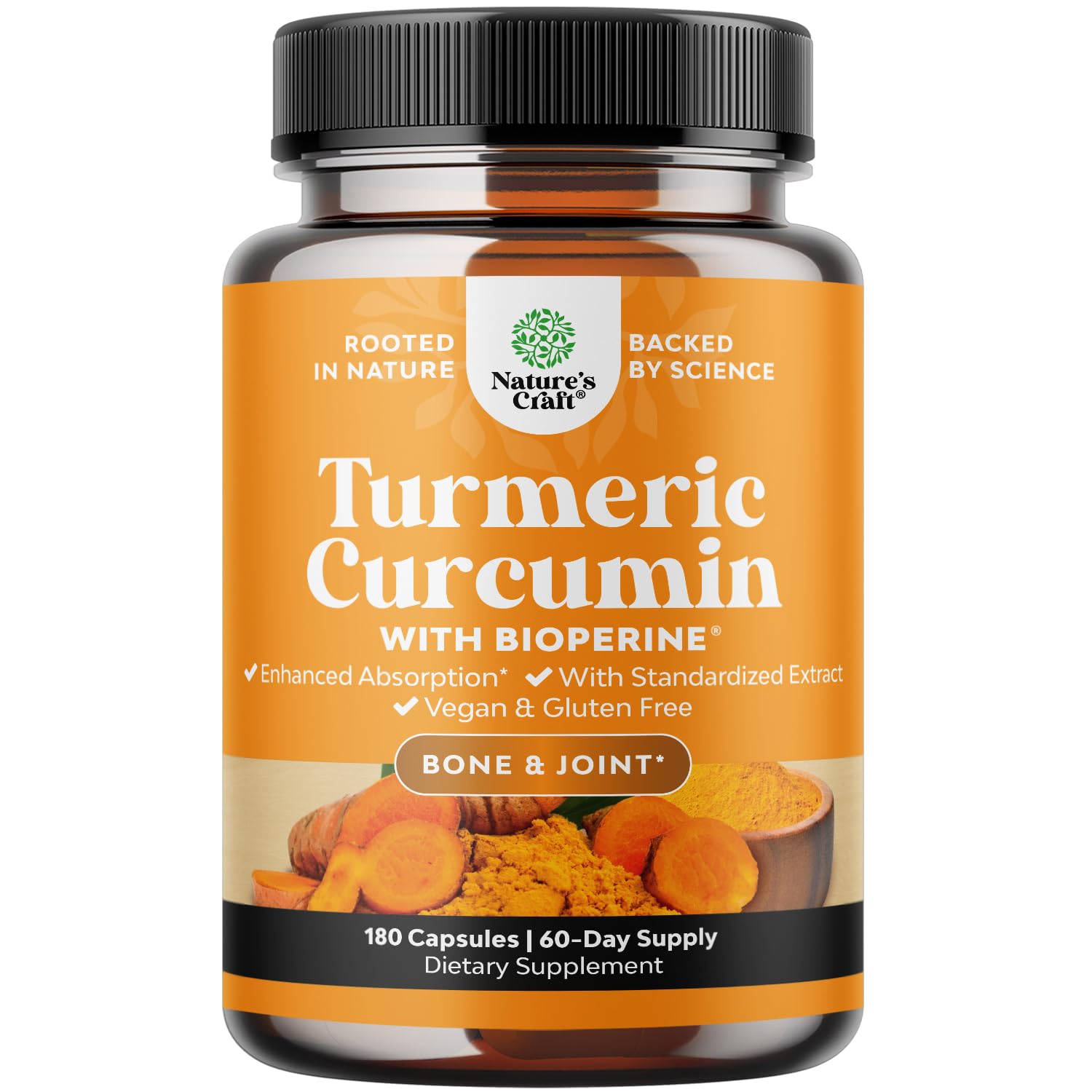 Natures Craft Turmeric Curcumin with Black Pepper Extract Capsules, 180 Count