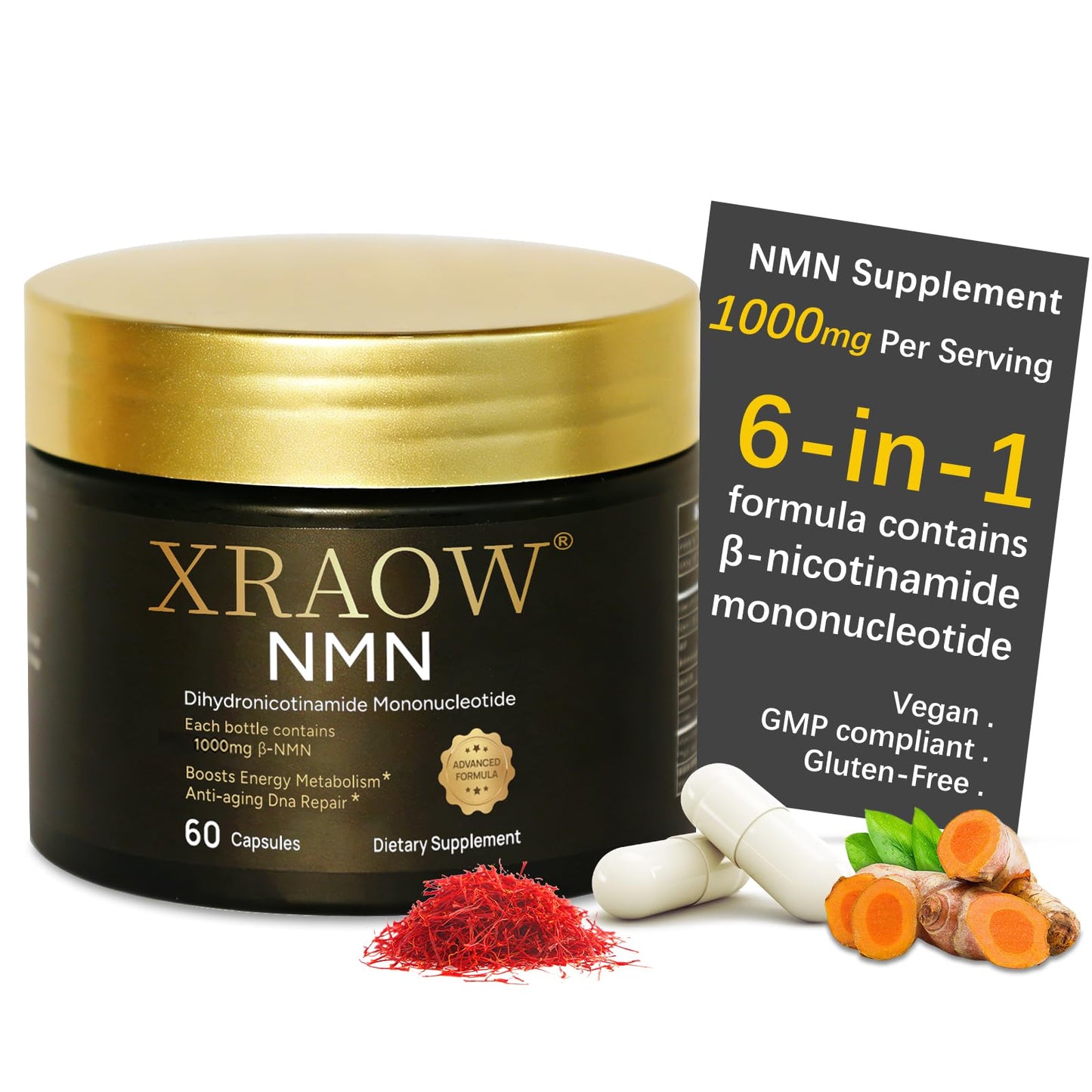 XRAOW NMN Supplement 1000mg Capsule with Resveratrol, CoQ10, Glutathione, Curcumin & Saffron, 60 Count