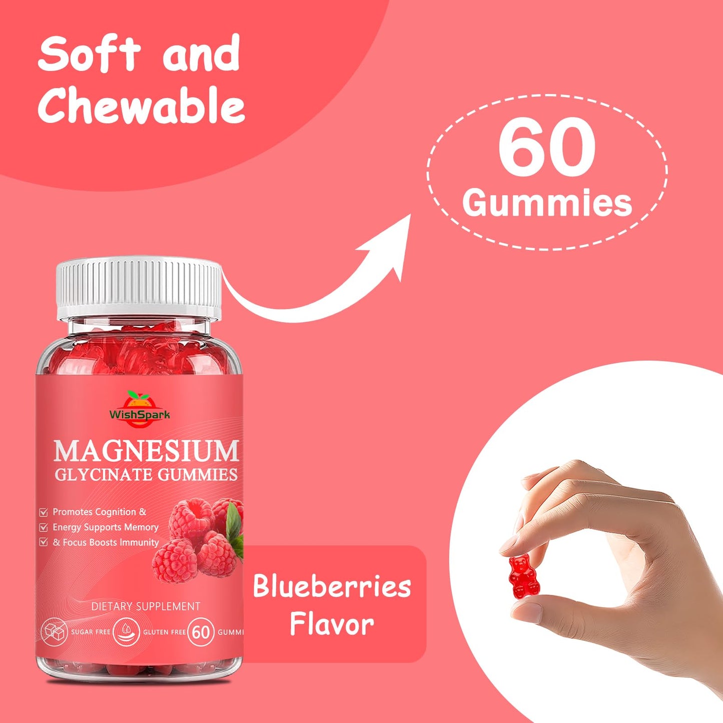 WISHSPARK Magnesium Glycinate Gummies 500mg, 60 Gummies