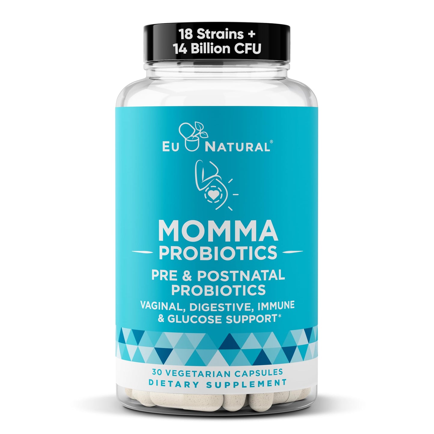 Eu Natural Momma Prenatal Probiotics Mom & Baby - Gut and Digestive Postpartum, Nursing, Morning Sickness Pregnancy Relief - 18 Clinically Proven Strains, 14 Billion CFU, Prebiotic - 30 Mini Vegan Capsules