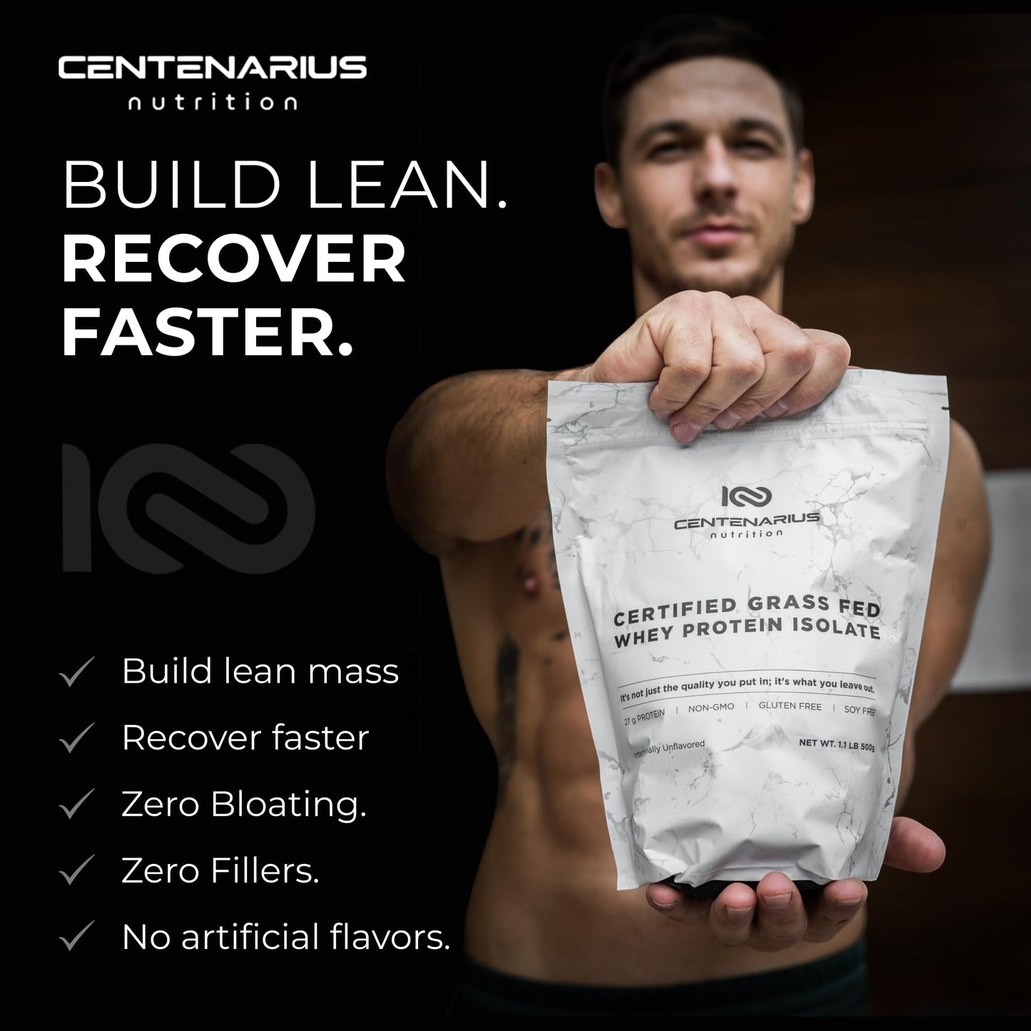 Centenarius Nutrition Whey Protein Isolate Powder, Unflavored, Irish Grass-Fed, 500g, 27g Protein per Serving, 17.637 oz
