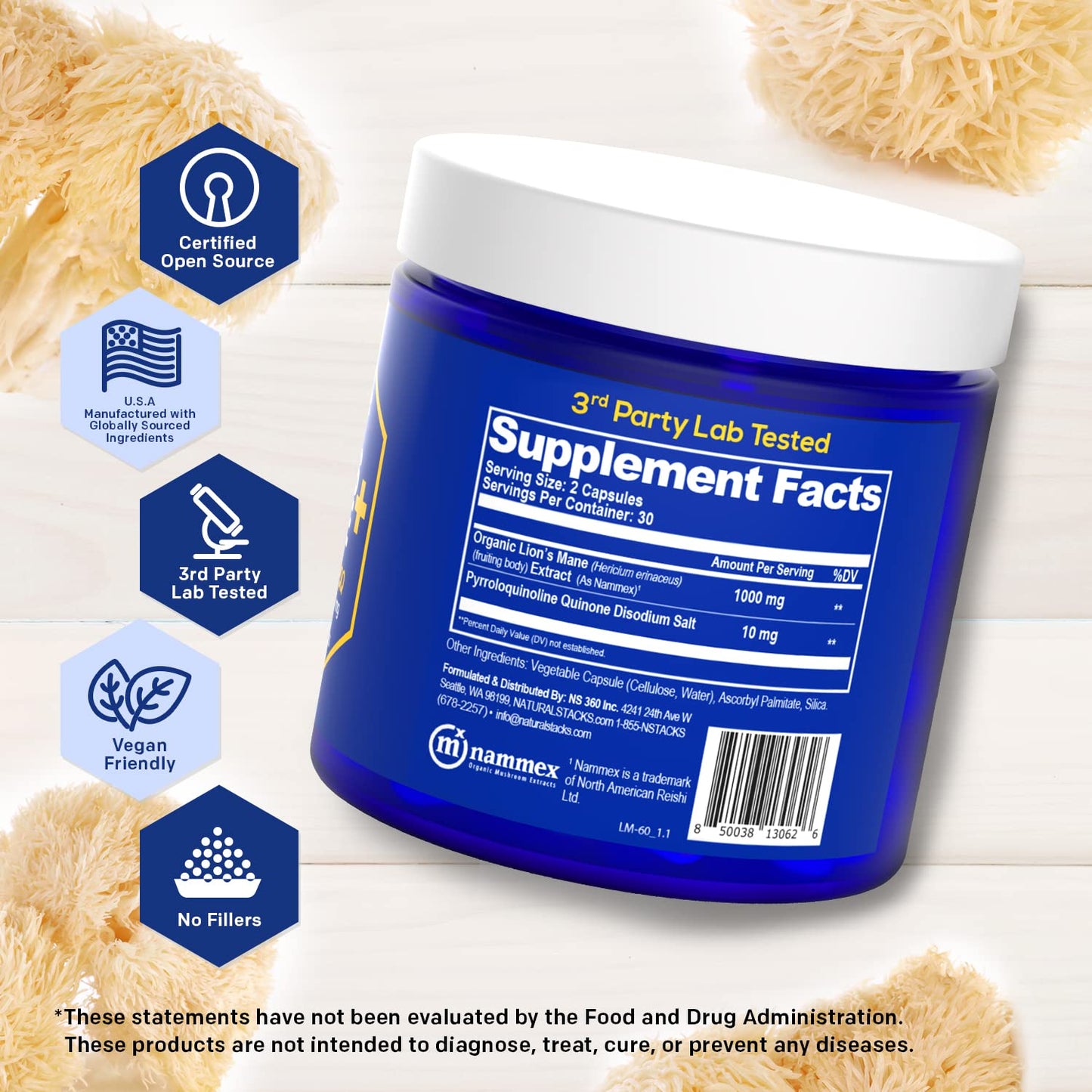 Natural Stacks Organic Lions Mane Mushroom Supplement Capsules 1000mg with 10mg PQQ, 60 Capsules