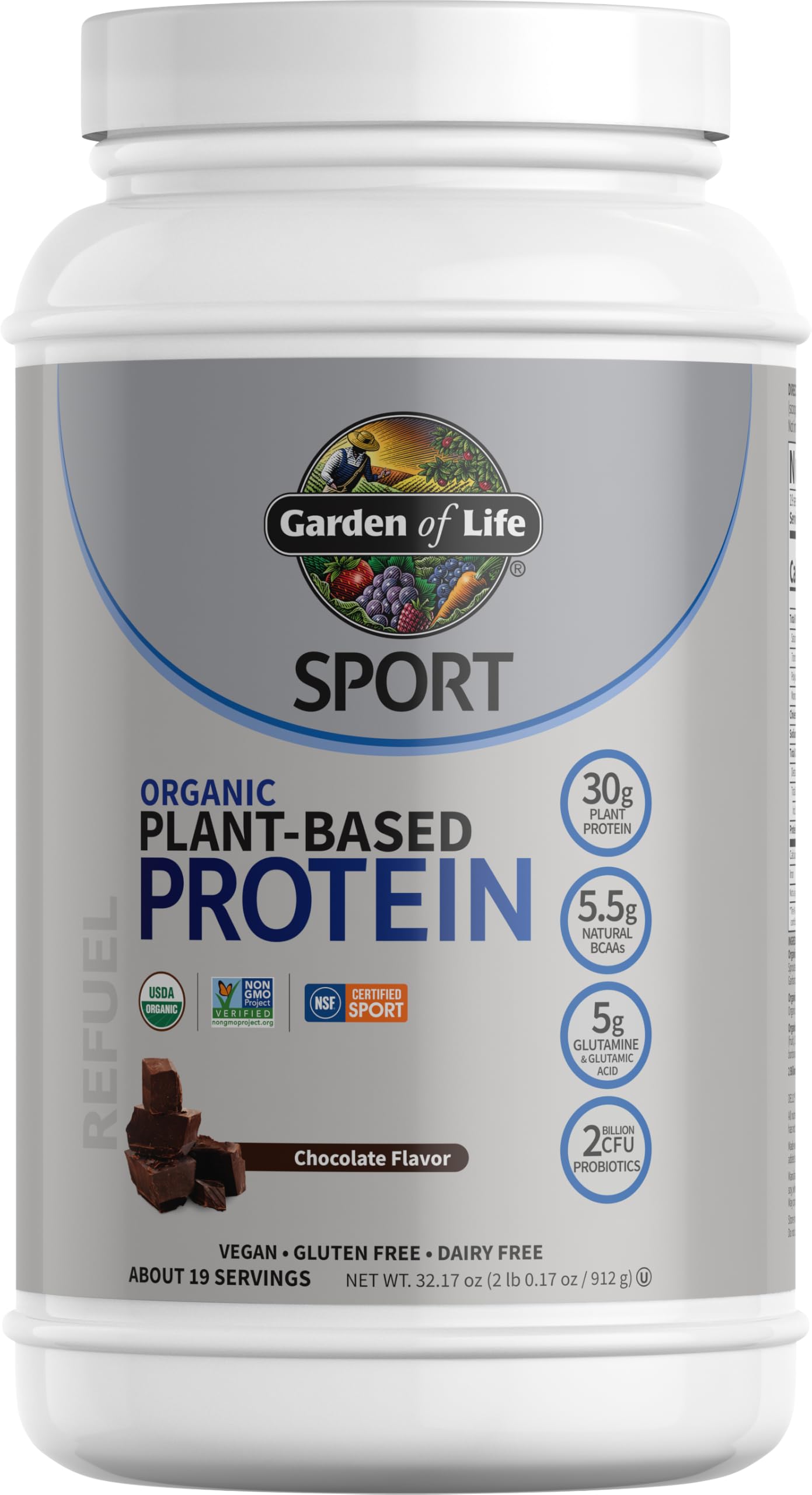 Garden of Life Organic Vegan Protein Powder with Probiotics, BCAAs, NSF Certified, Gluten Free & Non-GMO, 29.6 oz, Chocolate