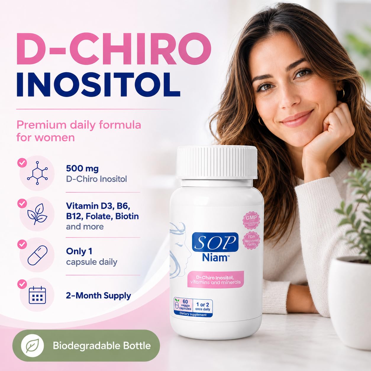 SOP NIAM D-Chiro Inositol 500mg Capsule, 60 Count