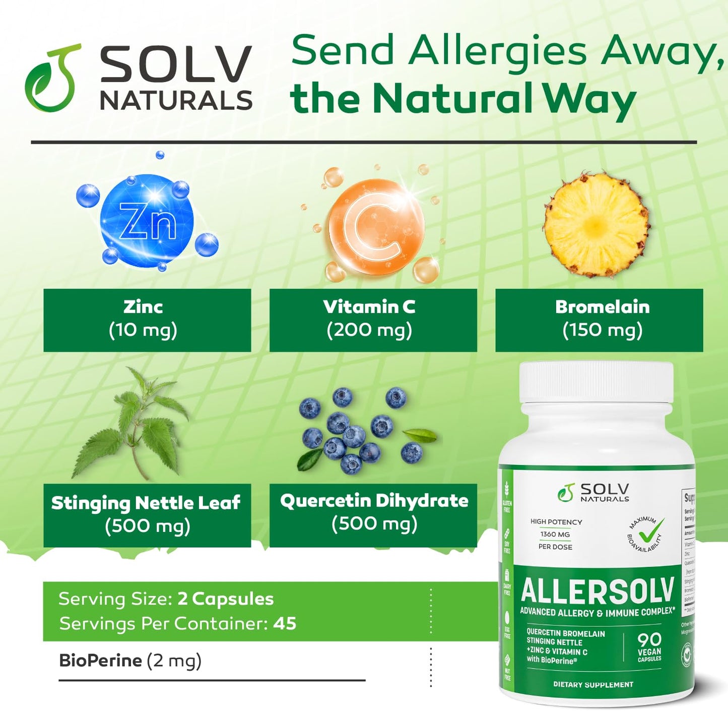 SOLV NATURALS ALLERSOLV Quercetin with Bromelain Advanced Allergy and Immune Complex 500mg, 90 Capsules