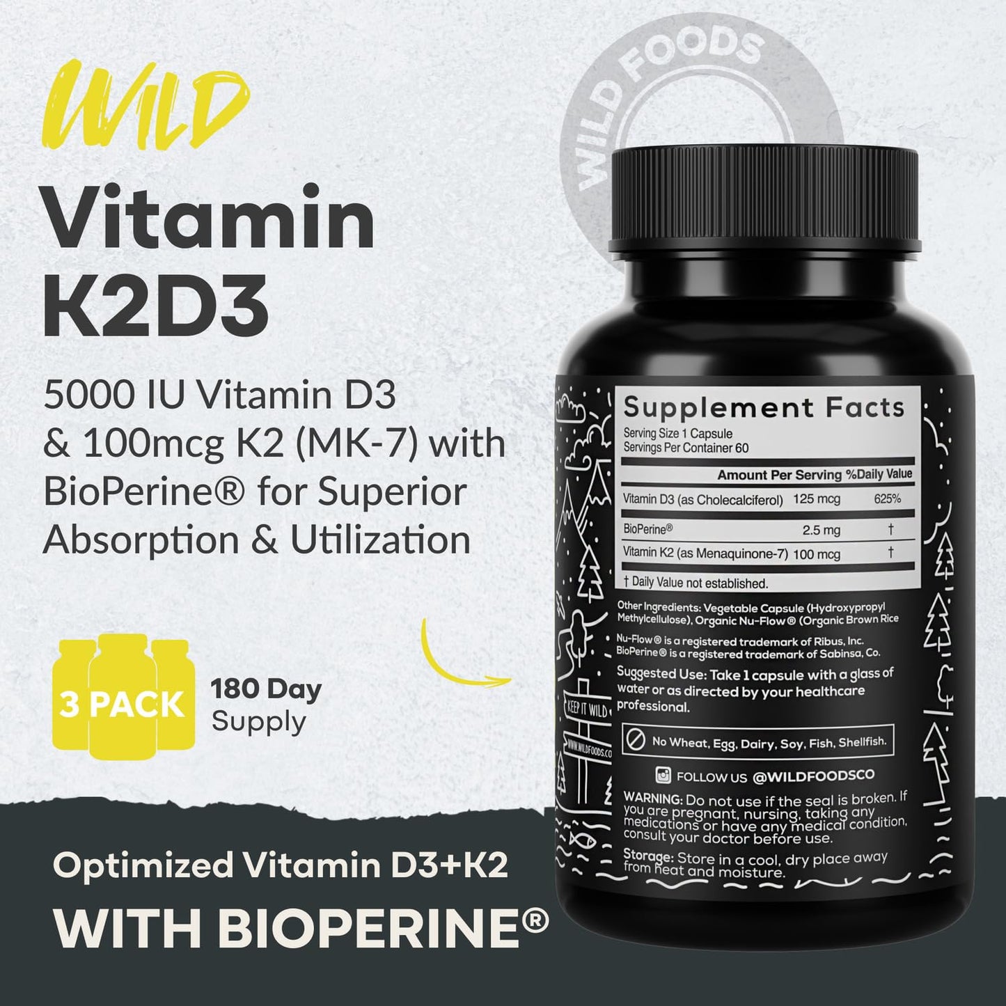 Wild Foods Vitamin D3 + K2 5000iu (100mcg Mk7) with Black Pepper Extract, 120 Capsules