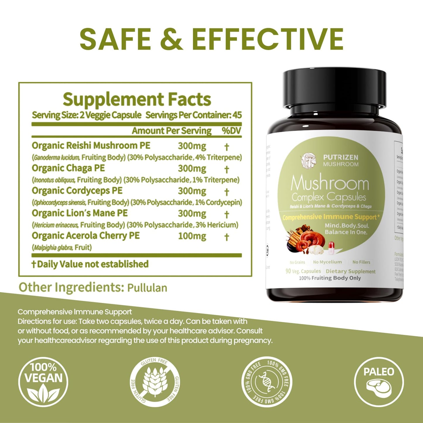 PUTRIZEN High-Efficiency Mushroom Complex Supplement Capsule 90 Count