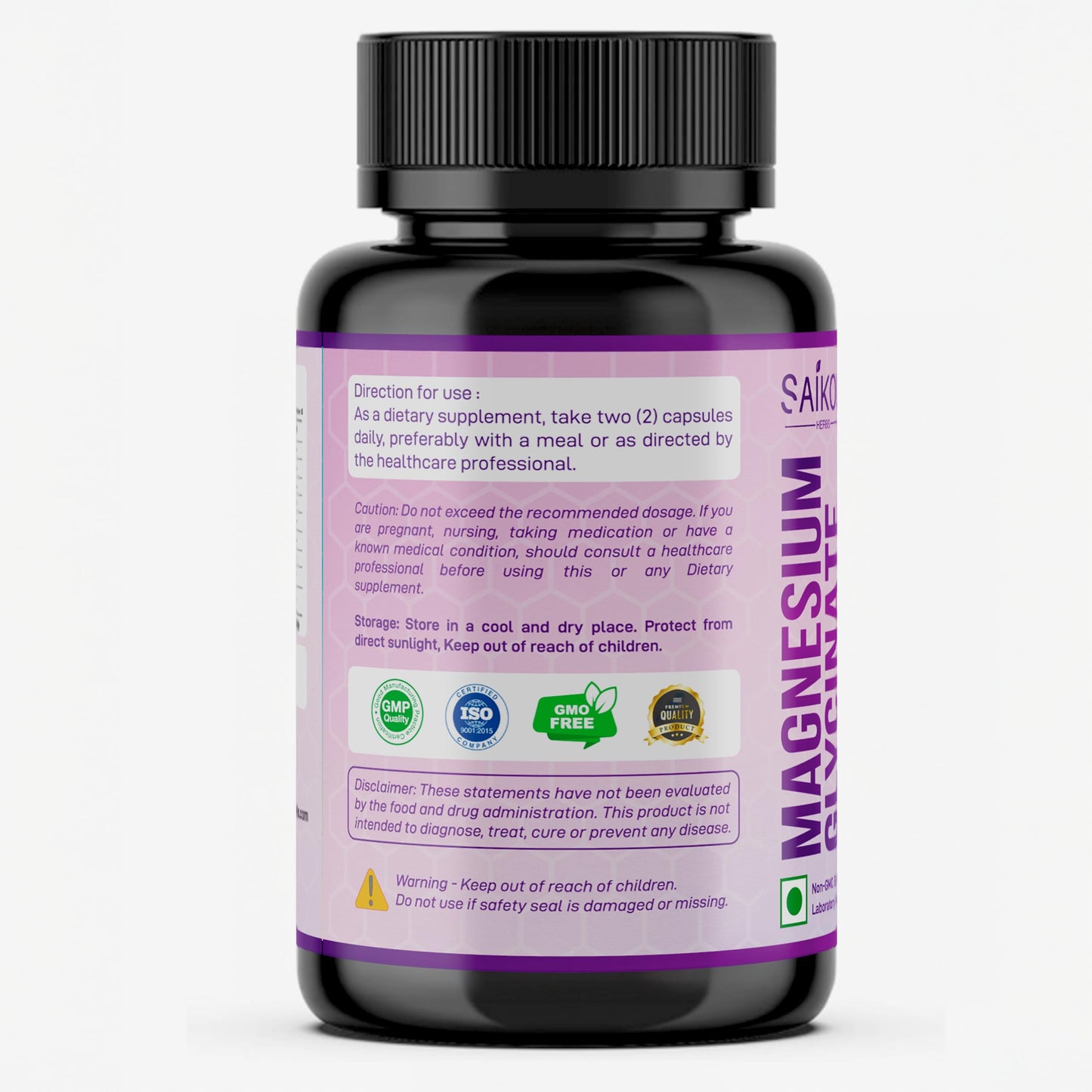 SAIKOU HERBS Chelated Magnesium Glycinate 800mg High Absorption, Pure and Potent, 60 Capsules