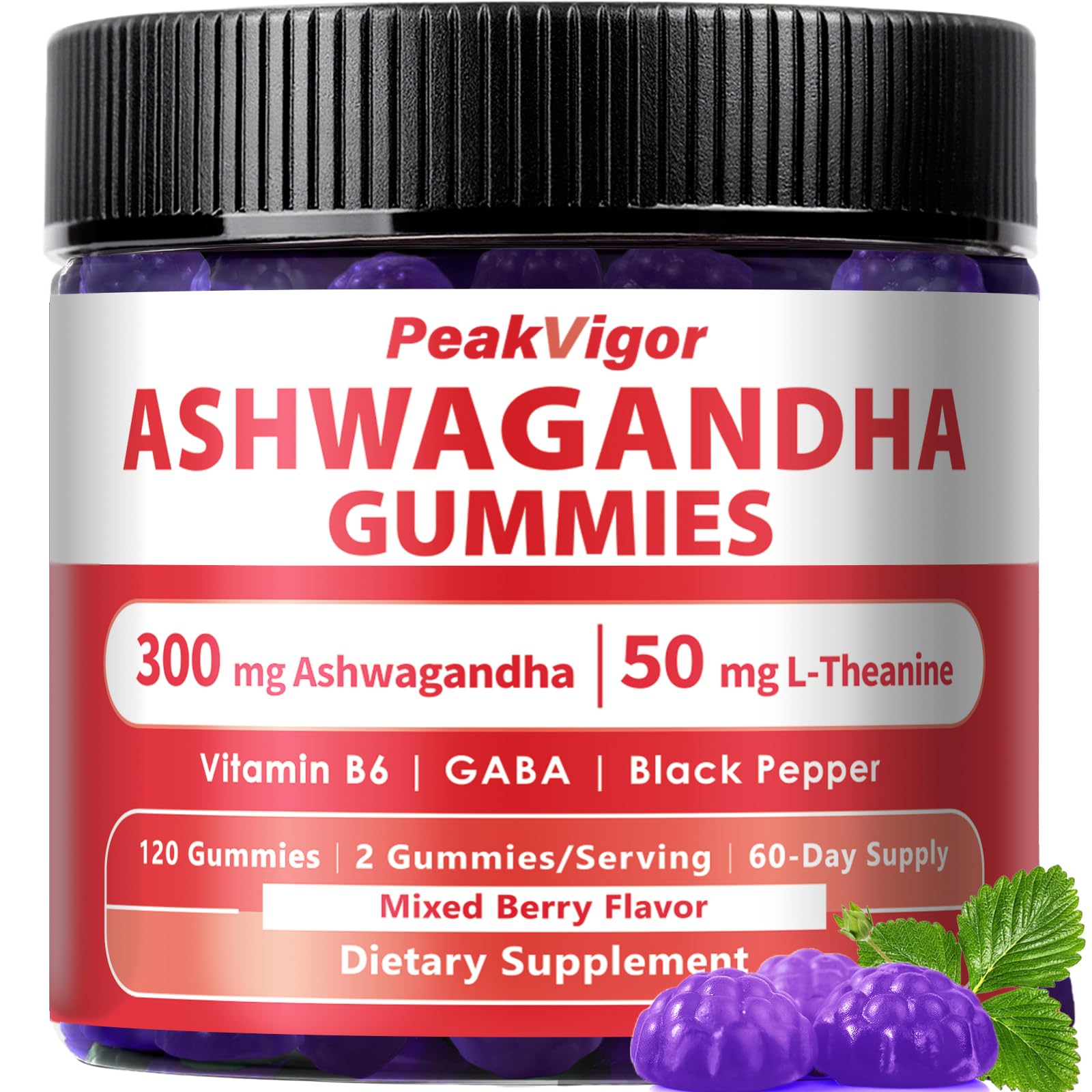 PeakVigor Ashwagandha Gummies 300mg + L-Theanine 50mg, GABA & Vitamin B6 – Plant-Based Mixed Berry Formula with Black Pepper, 120 Gummies