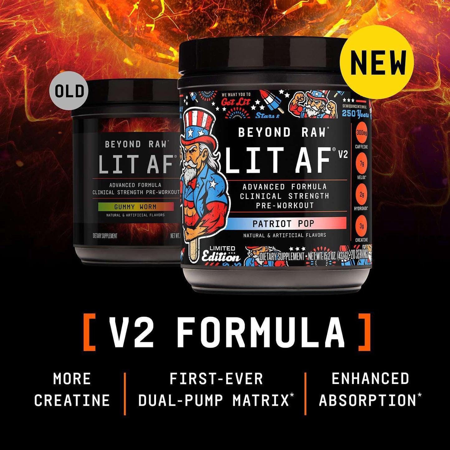 BEYOND RAW GNC LIT AF V2 Pre-Workout Patriot Pop Powder 15.2 oz