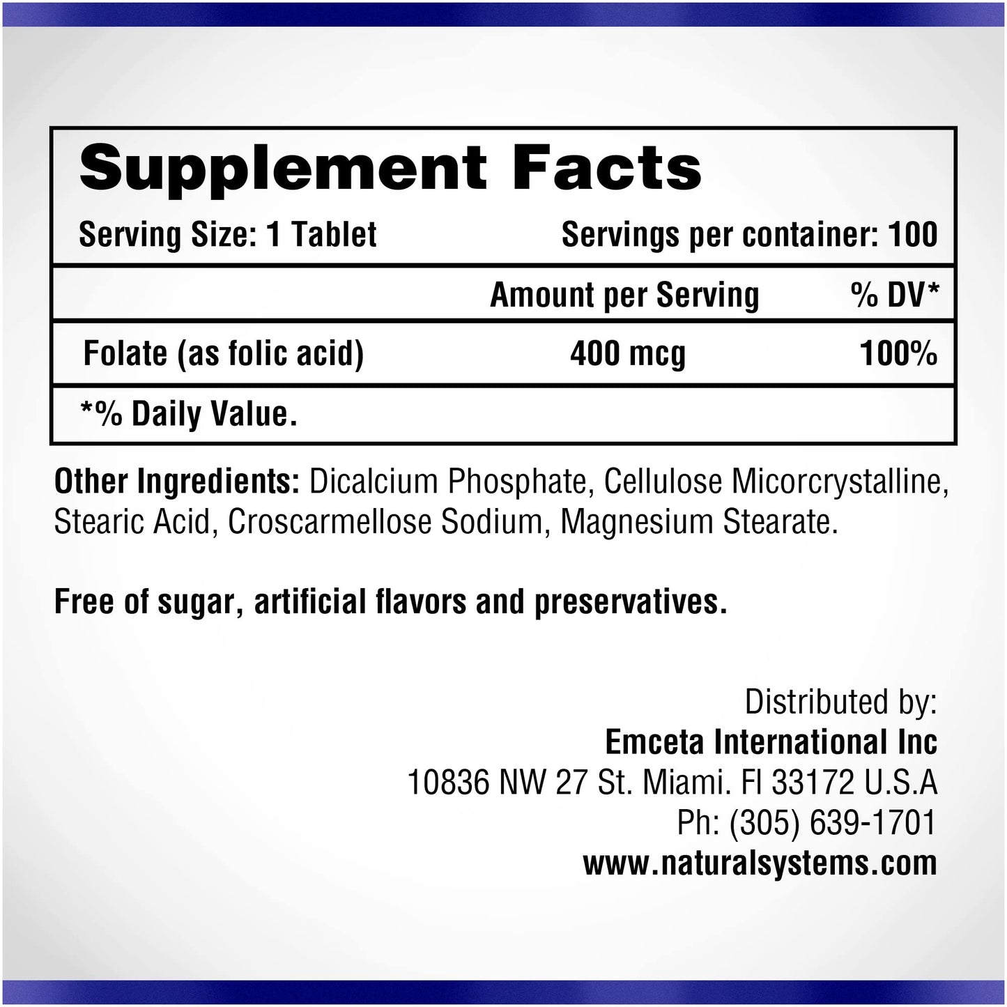 Natural Systems Naturasys Folic Acid Supplement 400 mcg Tablets, 100 Count
