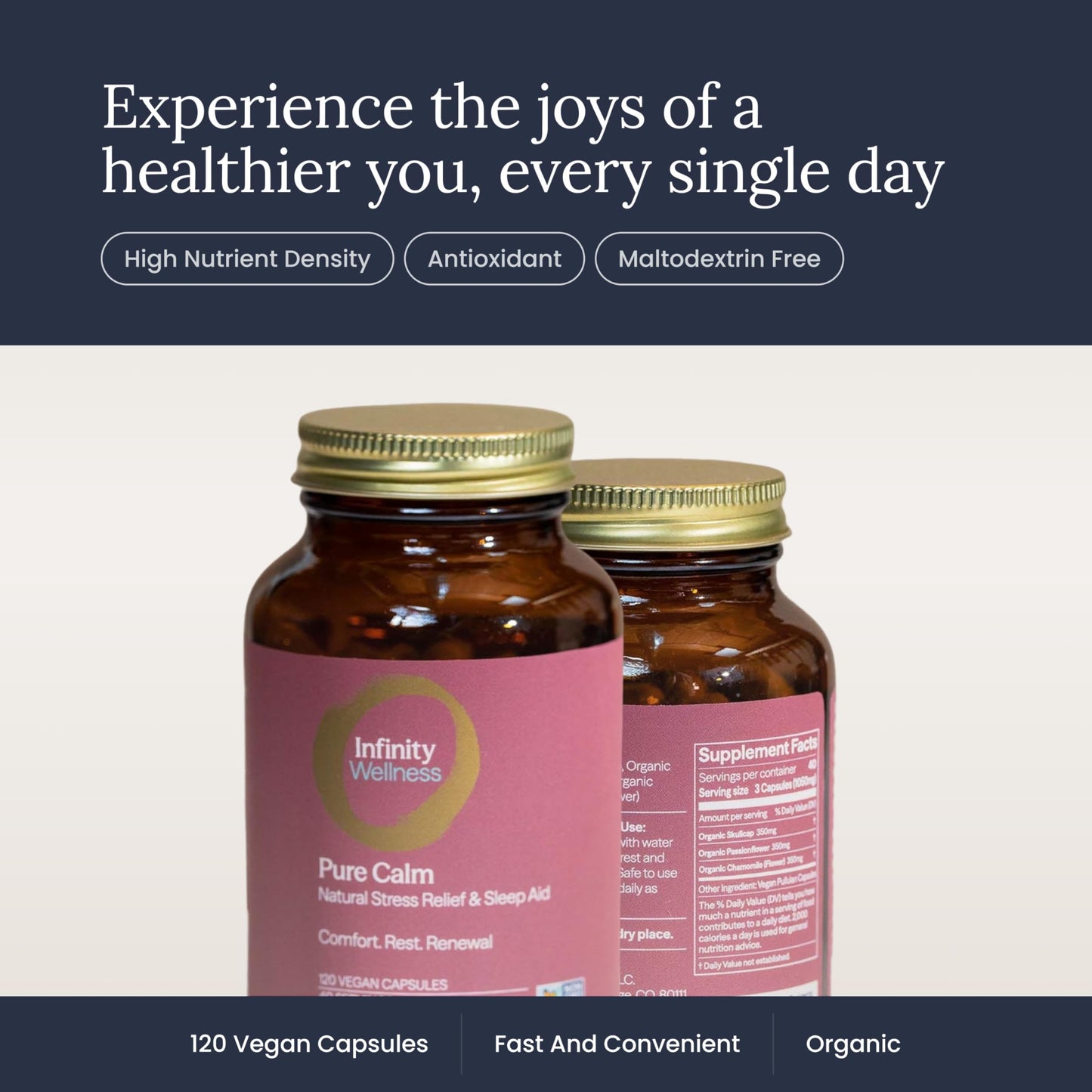 Infinity Greens Stress Relief Adaptogen Mood Support Capsules with Passion Flower, Skullcap, and Chamomile, 120 Capsules