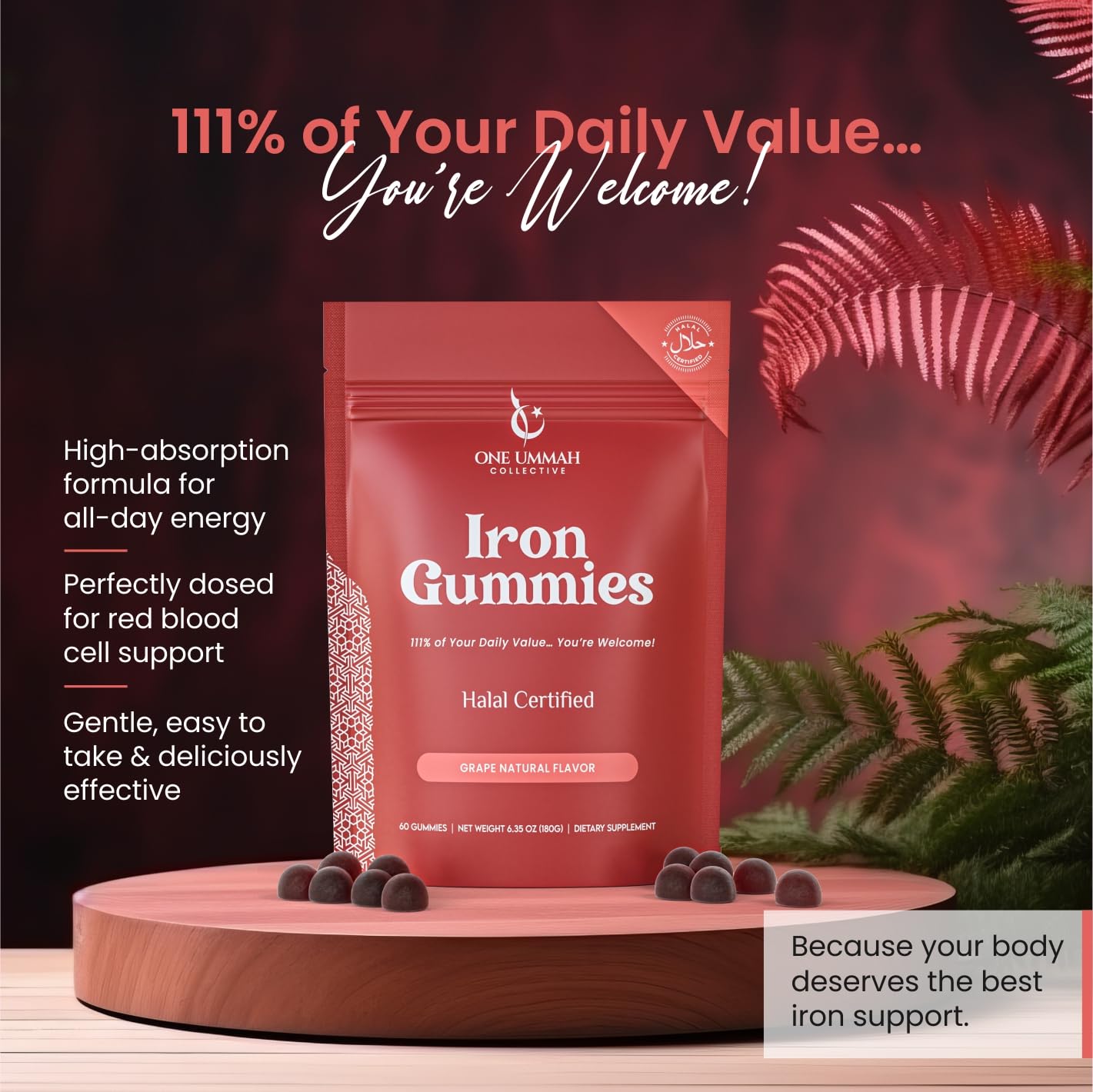 One Ummah Vegan Iron 20mg Gummy Supplement, 60 Count